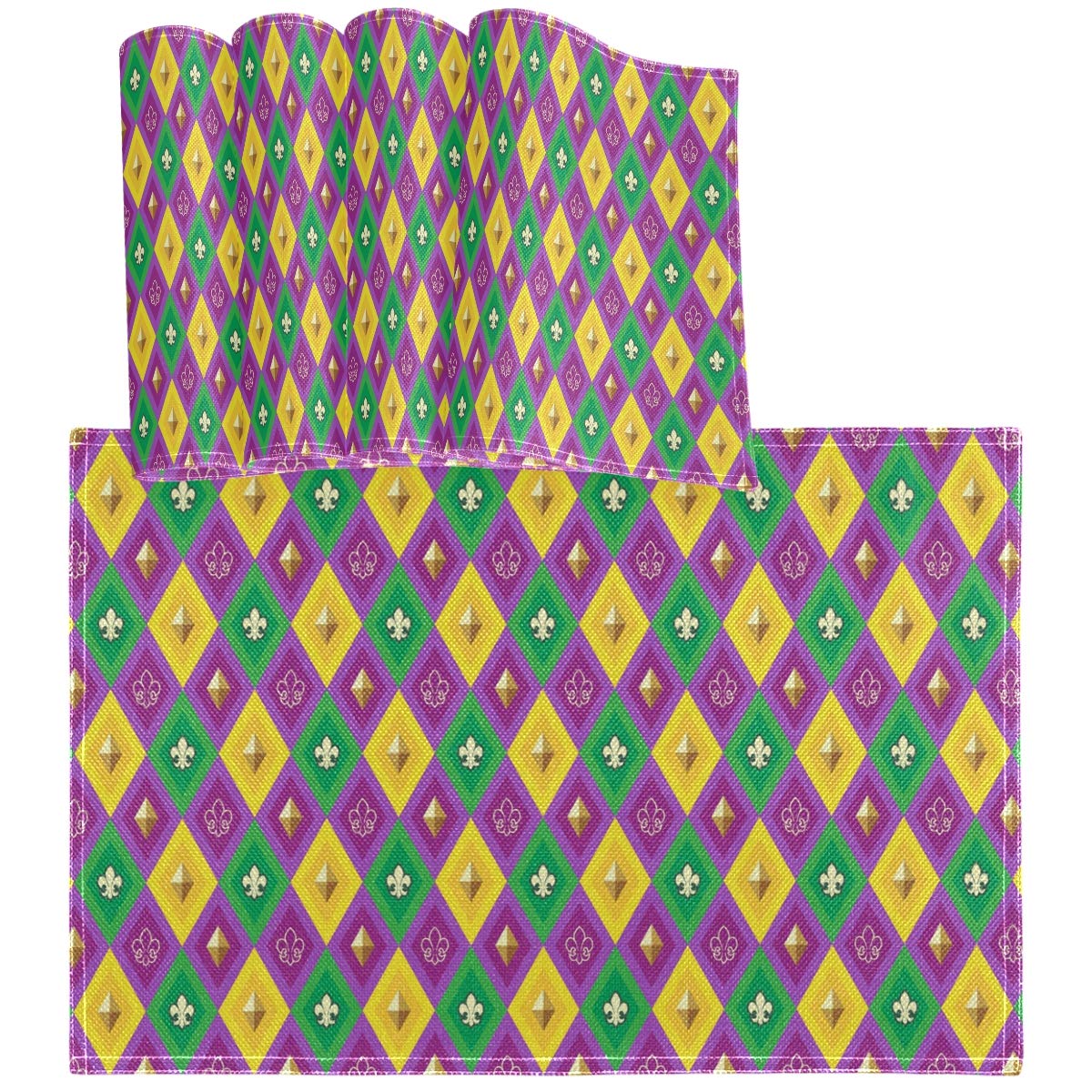 Oarencol Mardi Gras Zigzag Harlequin Fleur De Lis Colorful Placemats - Set of 4 Heat-Resistant Washable Table Mats for Dining & Kitchen Decor | Perfect for Holiday Parties, Festive Gatherings & Home Decoration