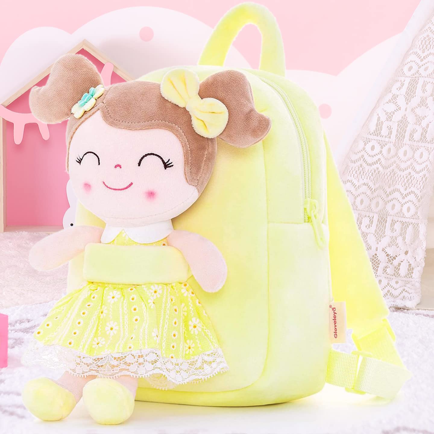 Gloveleya Soft Plush Kids Backpack for Toddler Girls - 9 Inch Cute Spring Doll Toy Backpack (Yellow) - Perfect for Preschool, Daycare & Travel Accessories