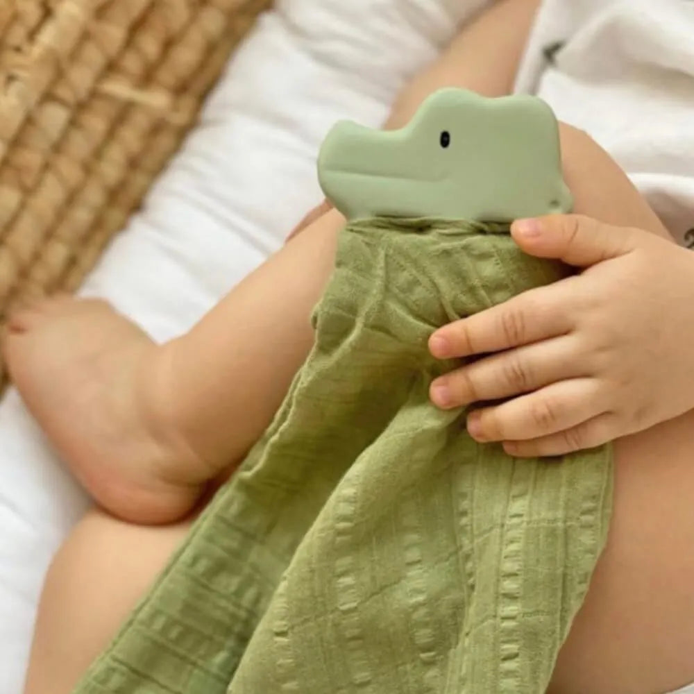 Tikiri Natural Rubber Crocodile Teether for Babies with Organic Sage Green Muslin Comforter - Soothing Teething Toy for Infants & Toddlers, Perfect for On-the-Go Comfort and Playtime
