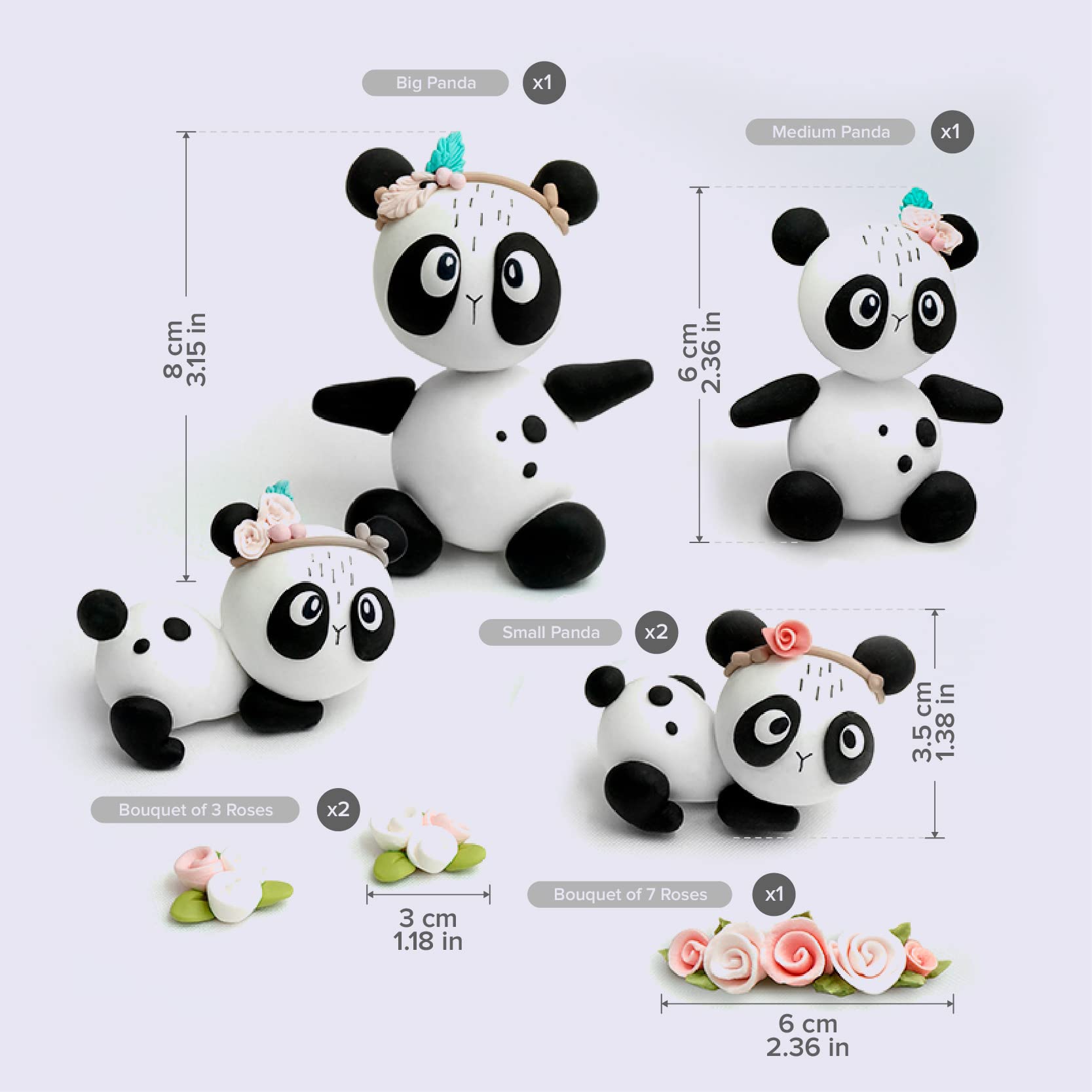 Handmade Clay Panda Cake Topper Set with Flowers - 7-Piece Panda Figurines for Birthday Cakes, Baby Showers & Special Events - Adorable Panda Cake Decorations for Wedding, Anniversary & Party Desserts