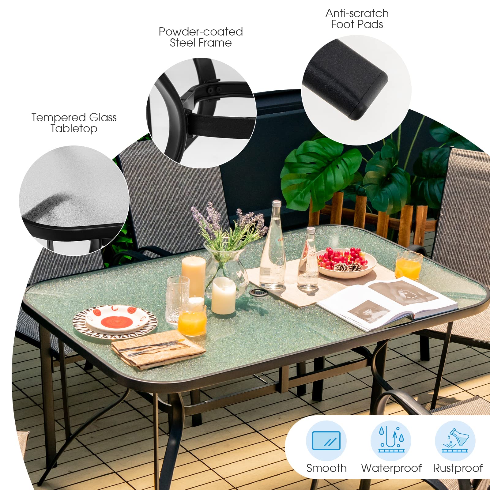 Tangkula 55-Inch Rectangle Patio Dining Table for 6 with Umbrella Hole - Tempered Glass Top & Steel Frame - Outdoor Dining Set for Backyard, Poolside, Balcony, Garden Parties & BBQ Gatherings