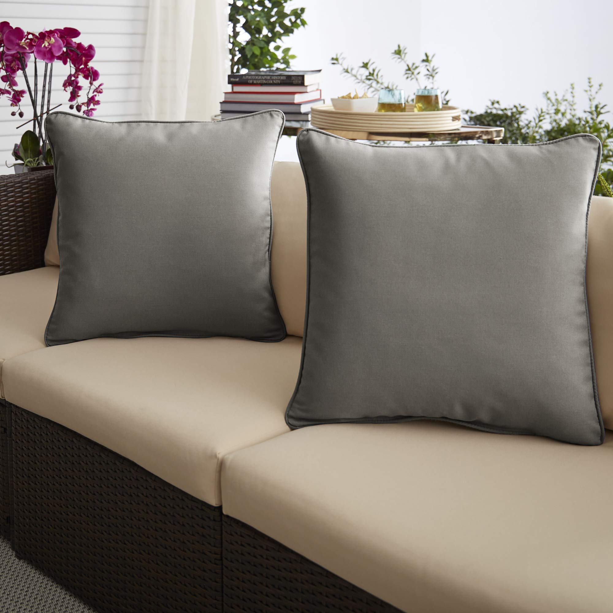 Set of 2 18-Inch Charcoal Gray Waterproof Outdoor Square Throw Pillows - Perfect for Patio Furniture, Porch Swing & Garden Decor