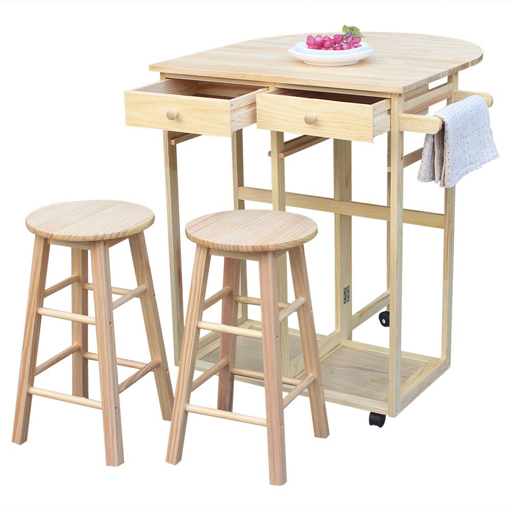 Portable Kitchen Island on Wheels with Folding Drop Leaf & 2 Drawers - Small Rolling Kitchen Table Set Includes 2 Square Stools (Natural Finish) - Perfect for Small Apartments, Breakfast Nooks & Mobile Cooking Stations