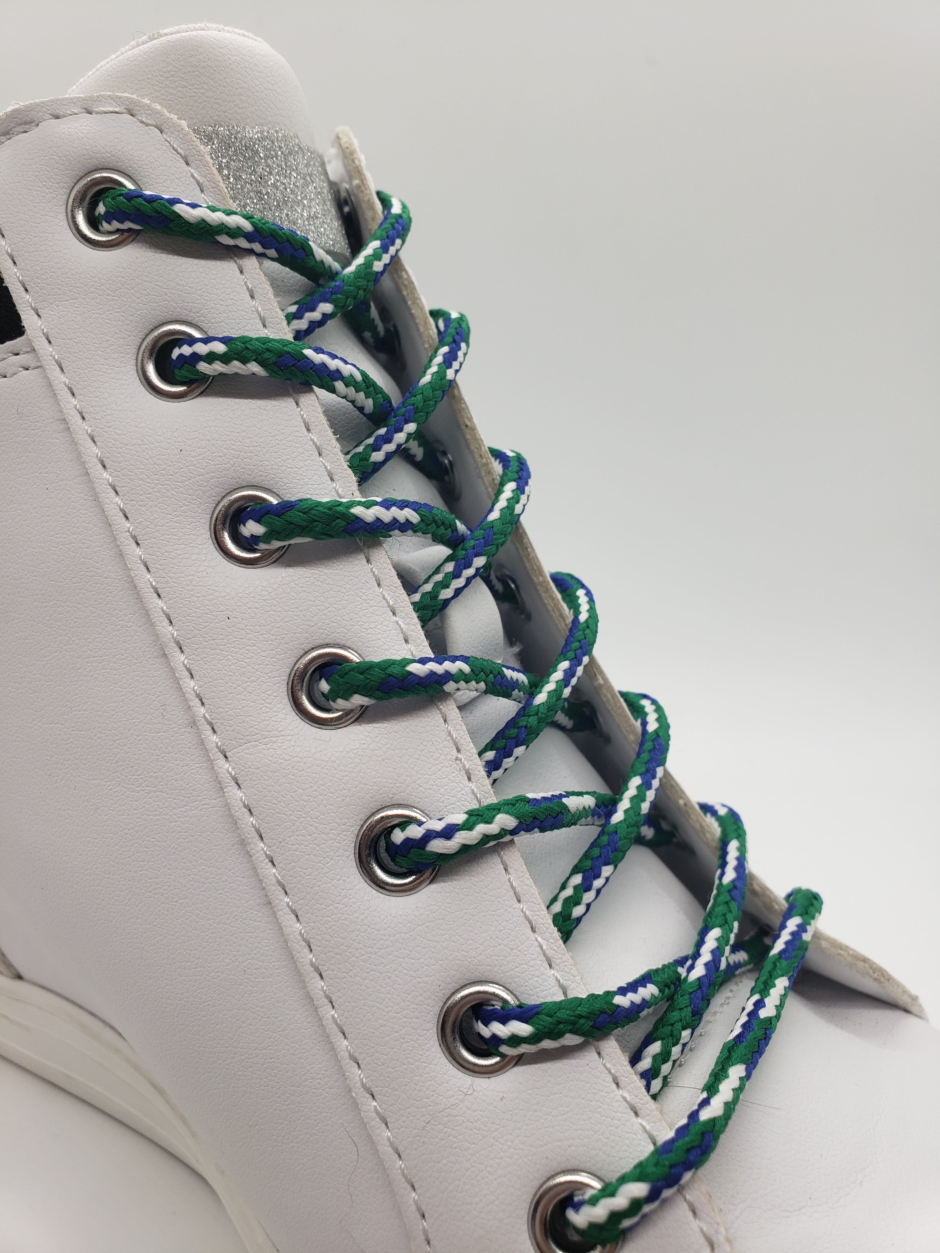Vibrant Round Multi-Color Shoelaces - Green, Blue & White | Durable Cotton Laces for Sneakers, Boots & Casual Shoes | Perfect for Sports, Fashion & Everyday Wear