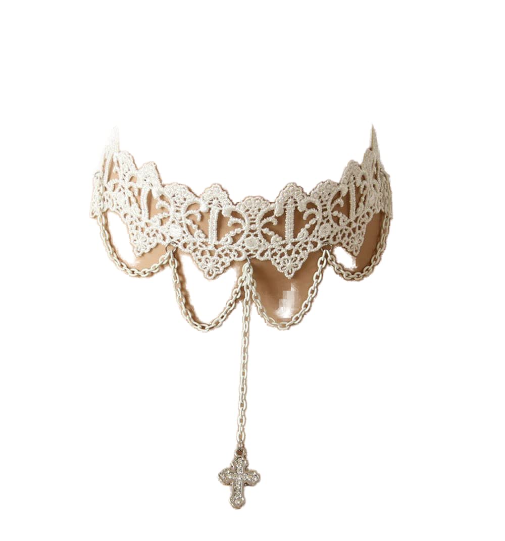 Vintage Gothic Lace Choker Necklace with Pearl & Silver Cross for Bridal Wedding
