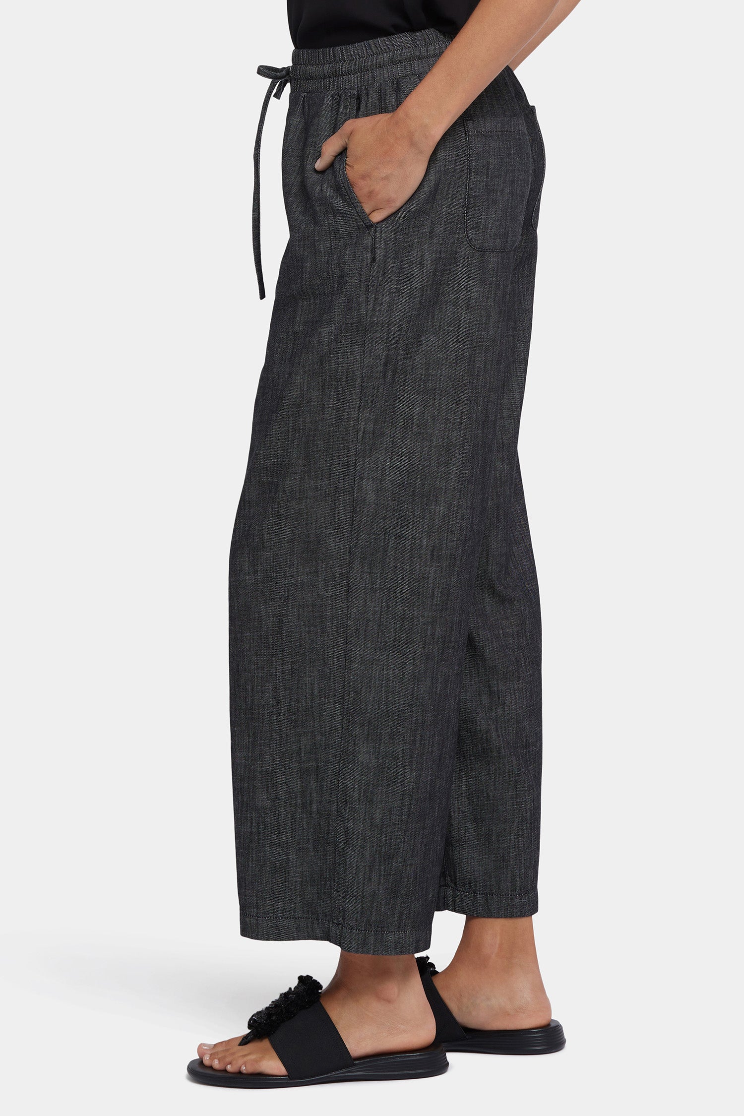 Jayne Pull On Wide Leg Ankle Pants for Petite Women - Black Rinse | Comfortable Stretch Work Pants for Office & Casual Wear