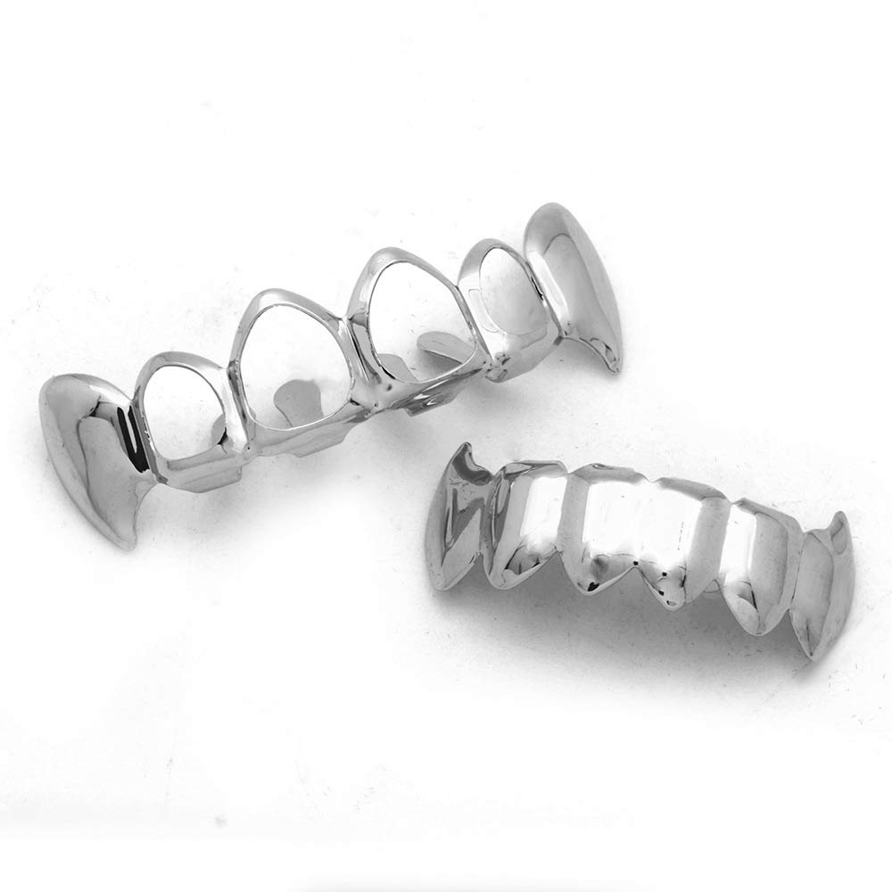18K Gold Plated 4 Open Face Grillz Teeth - Top & Bottom Grill Set for Men and Women | Hip Hop Jewelry, Rap Style Accessories for Concerts & Parties