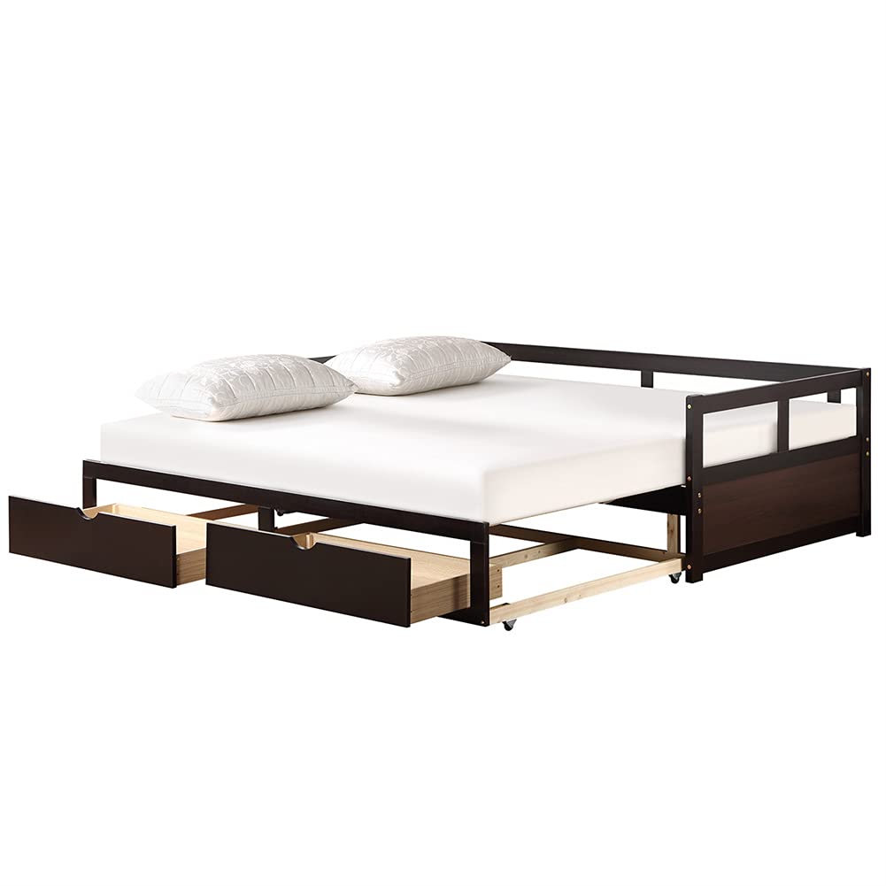 Convertible Sofa Bed with Trundle & 2 Storage Drawers - Solid Wood Daybed Frame, Space-Saving Extendable Guest Bed for Small Apartments, Living Room & Bedroom (Espresso Finish) - Perfect for Overnight Guests, Studio Apartments & Multi-Functional Spaces