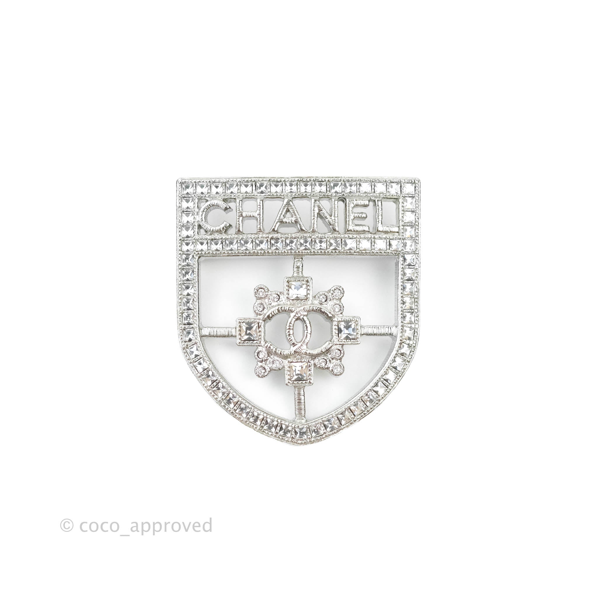 Chanel CC Crystal Shield Brooch Silver Tone 20V - Elegant Fashion Accessory for Women, Perfect for Parties, Weddings & Special Occasions