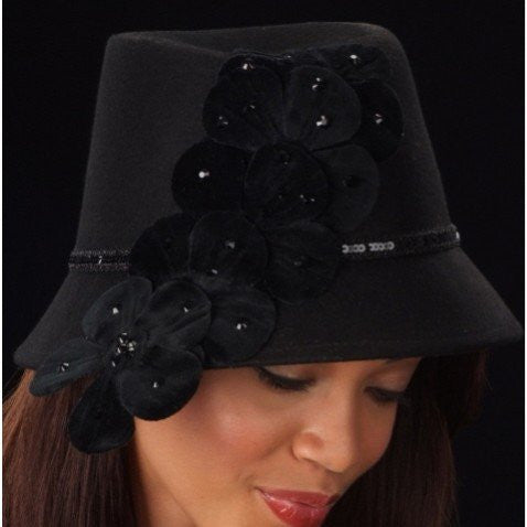 FW1121 Black Velvet Flower Ladies Winter Hat - Elegant & Warm Beanie for Women, Fashionable Cold Weather Accessory for Outdoor Activities, Parties, and Holiday Events