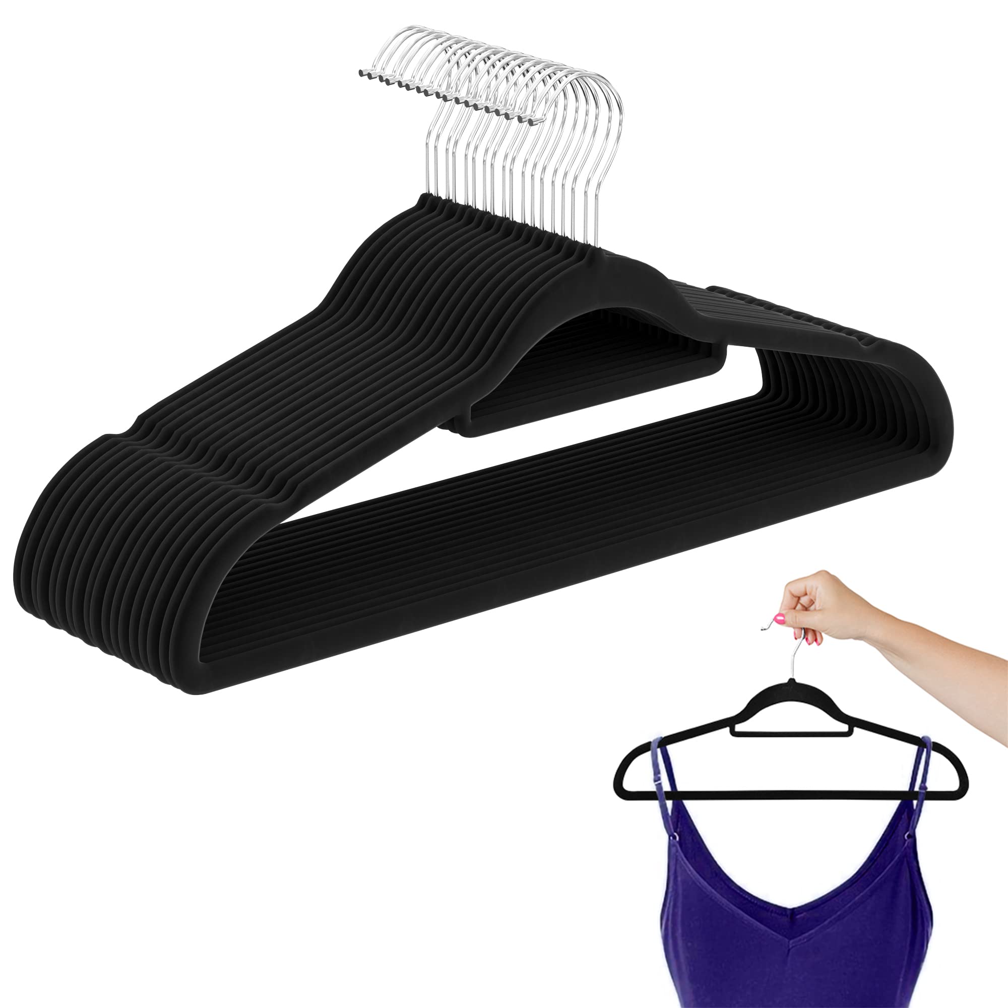 Premium Black Velvet Hangers - 140 Pack Non-Slip Clothes Hangers with 360° Swivel Chrome Hooks & Notched Shoulders for Wardrobe Organization - Perfect for Closets, Retail Stores, and Travel Luggage
