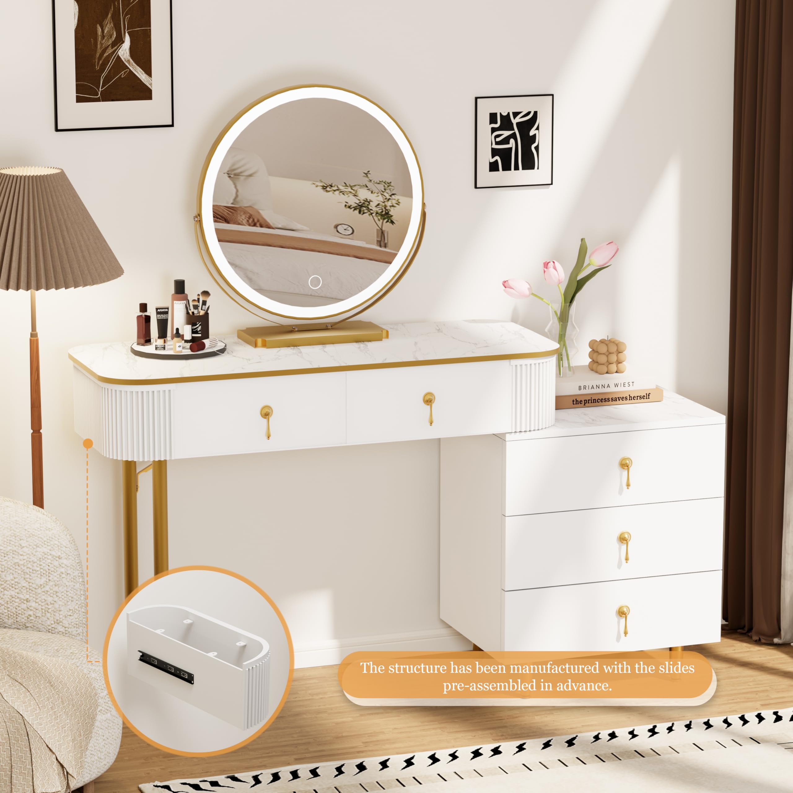 Modern Makeup Vanity Desk with LED Lights & Touch Screen - 3 Color Adjustable Mirror, 5 Storage Drawers, White Dressing Table | Perfect for Bedroom, Salon & Beauty Room Organization