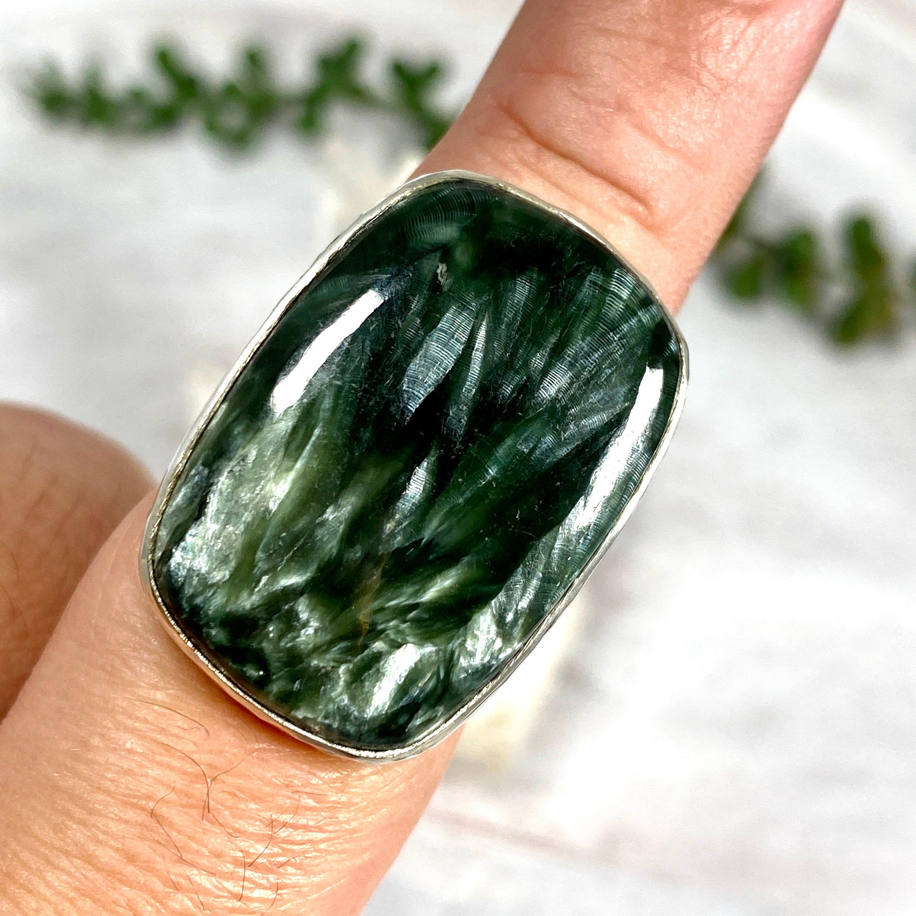 Seraphinite Rectangular Ring Size 8 - Elegant Green Gemstone Jewelry for Women | Perfect for Gifts, Parties & Special Occasions