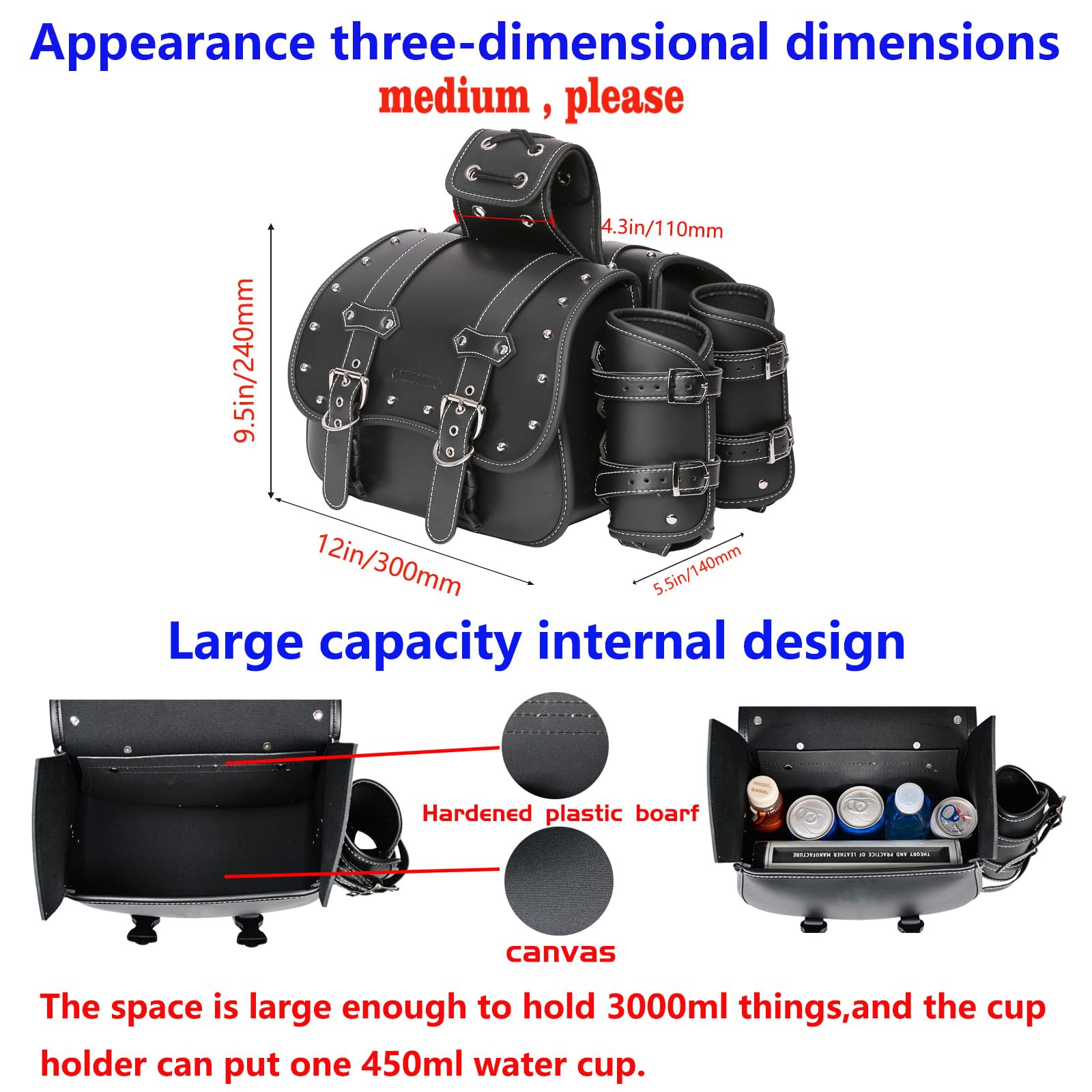 Premium High-Density Leather Motorcycle Saddlebags - Waterproof Throw Over Panniers with Cup Holder & Side Tool Bag (1 Pair, Black) - Universal Fit for Harley, Cruiser & Touring Bikes - Ideal for Road Trips, Commuting & Adventure Riding