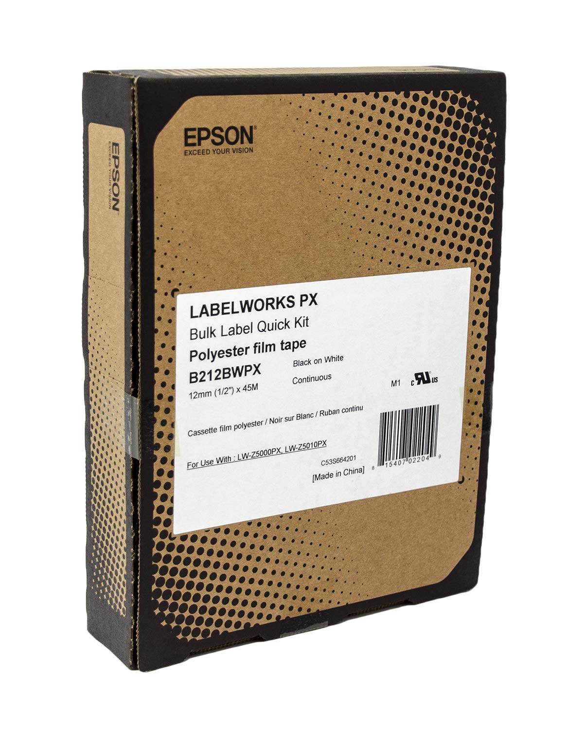 Epson LABELWORKS B212BWPX Bulk Continuous PET (Polyester) Label Tape - Black on White, 1/2