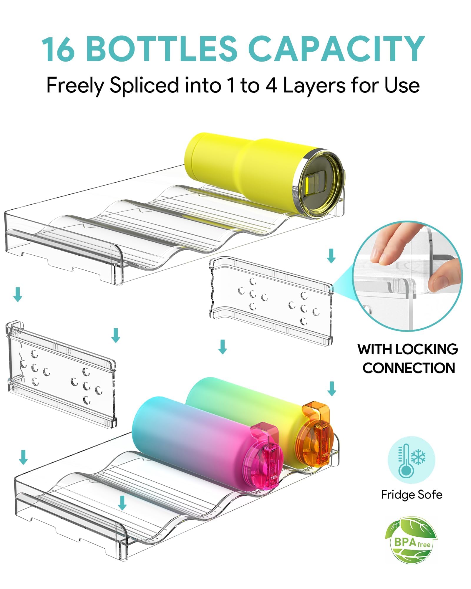 4 Tier Stackable Water Bottle Organizer - Holds 16 Bottles for Cabinet, Countertop, Pantry & Fridge - Free-Standing Kitchen Storage for Wine, Tumbler & Drink Bottles - Perfect for Home, Office & RV Organization