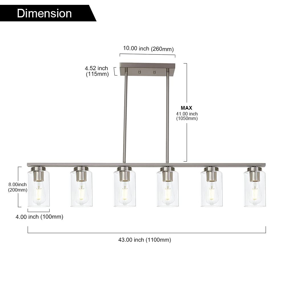 Modern 6-Light Linear Pendant Light Fixture with Clear Glass Shades - Brushed Nickel Finish for Kitchen Island, Dining Room, Pool Table & Bar Counter Lighting