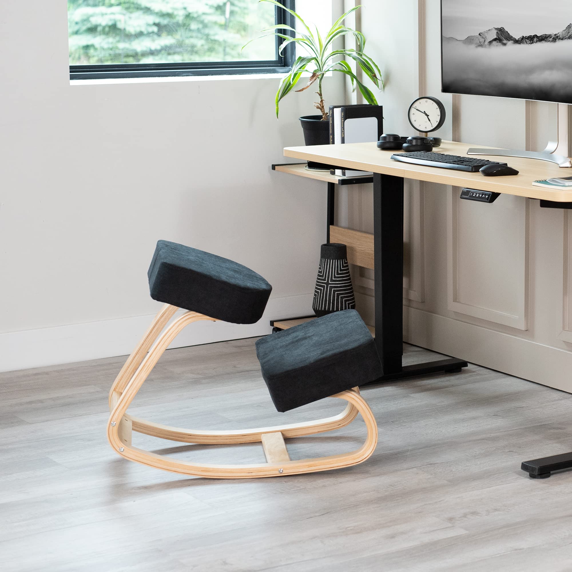 Ergonomic Wooden Rocking Kneeling Chair - Adjustable Posture Support for Home Office with Thick Black Cushions & Light Wood Frame | Perfect for Meditation, Yoga & Back Pain Relief (CHAIR-K04R)