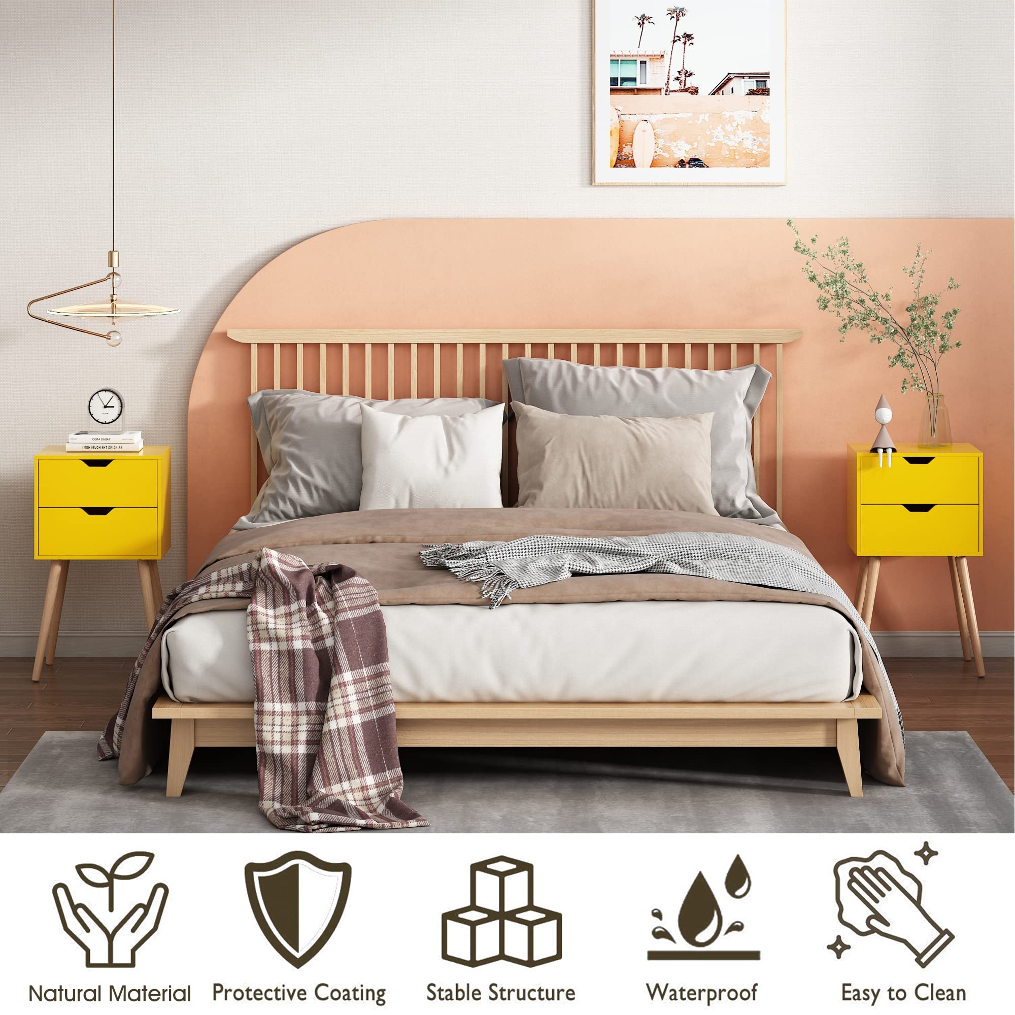 JAXPETY Nightstands Set of 2 - Modern Bedside Tables with 2 Drawers & Solid Wood Legs, Large Storage End Tables for Bedroom (Yellow) | Perfect for Small Spaces, Guest Rooms & Apartment Living
