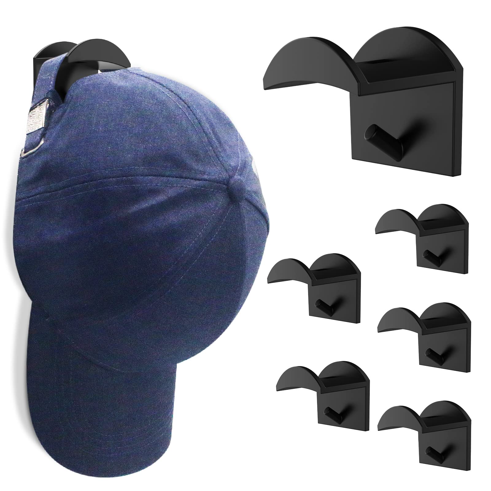 Wall Mounted Hat Hooks - 6 Pack Black Baseball Cap Organizer & Cowboy Hat Rack for Closet Storage | Perfect for Bedroom, Entryway, and Garage Organization