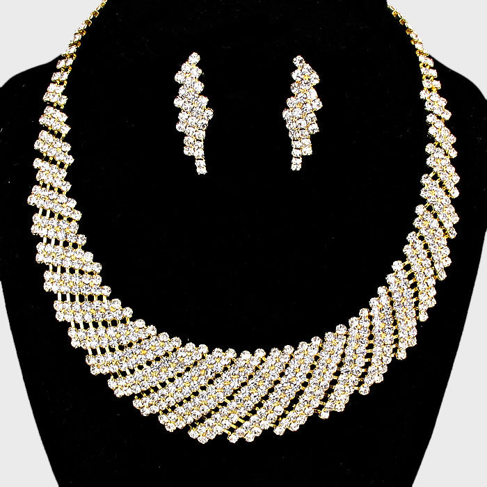 Elegant Clear Rhinestone Round Collar Pageant Necklace in Gold - Perfect for Prom, Pageants & Formal Events | 66526