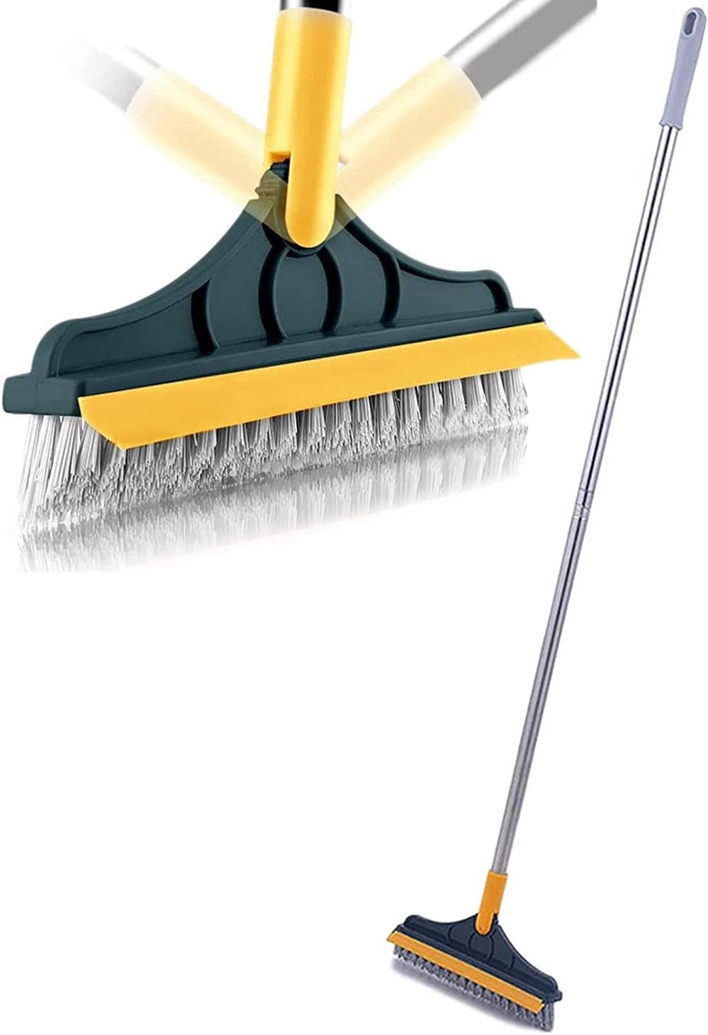 2 in 1 Floor Scrub Brush with Long Handle - Adjustable V-Shaped Cleaning Brush for Bathroom & Kitchen - 120° Rotating Removable Head & Squeegee - Perfect for Tile Floors, Grout Cleaning & Hard-to-Reach Corners