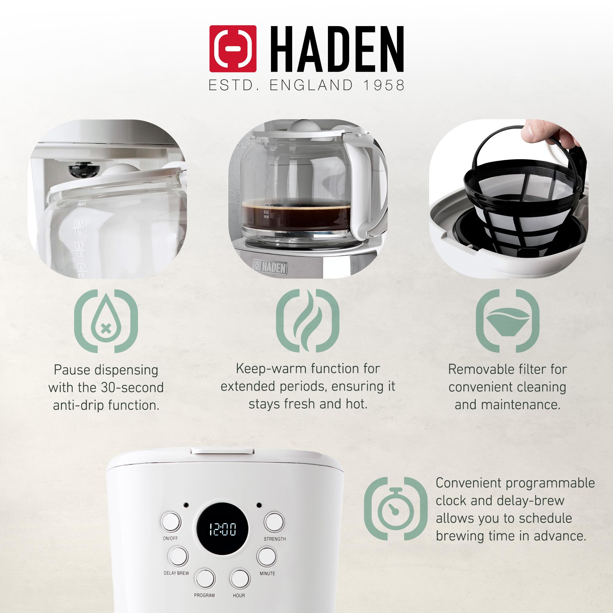 HADEN 12 Cup Programmable Drip Coffee Maker with Auto Shut-Off - Stainless Steel & Ivory Coffee Machine for Home & Office Use
