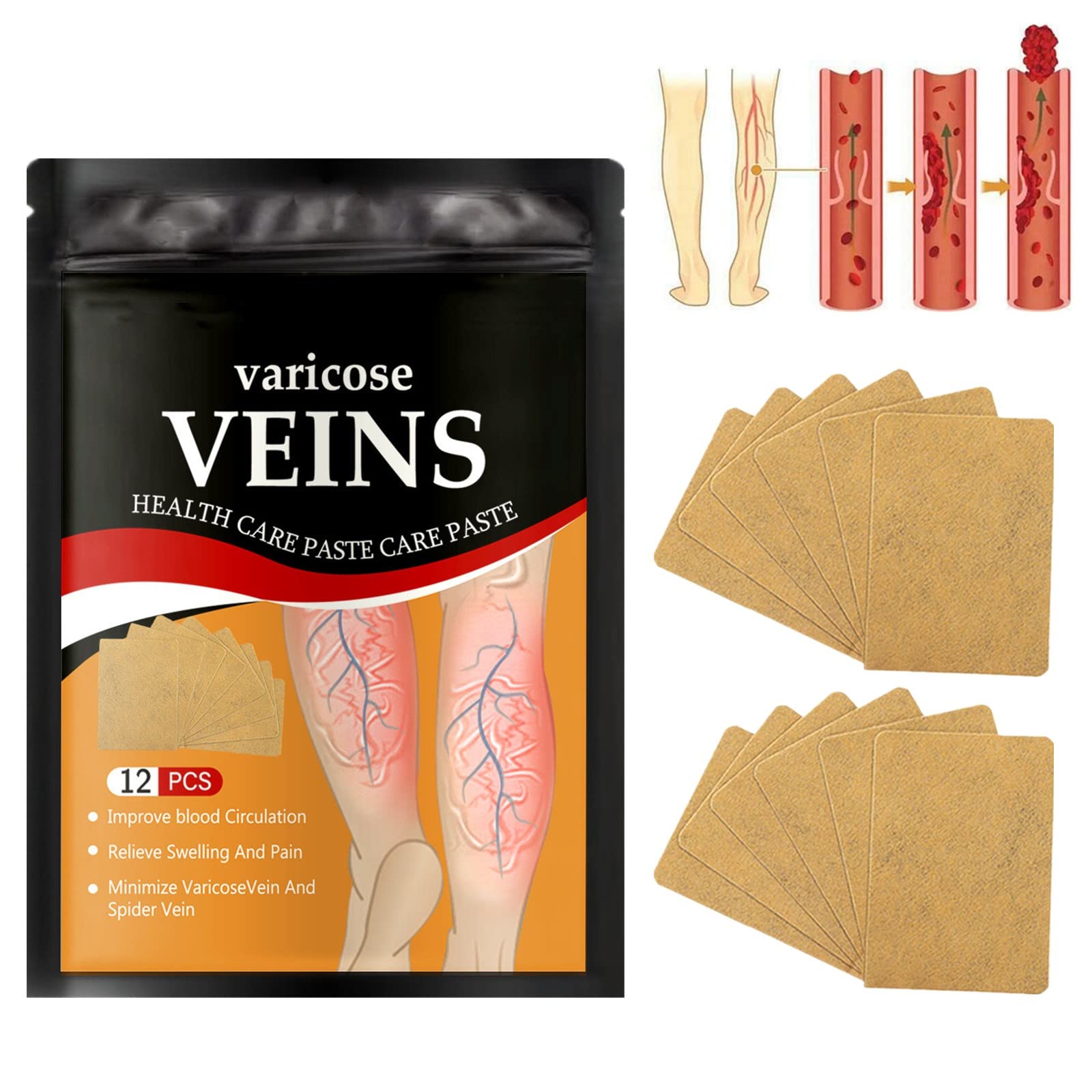 12-Pack Varicose Vein Relief Patches - Natural Leg Circulation Support for Spider Veins, Edema & Leg Pain - Improves Blood Flow & Reduces Swelling - Perfect for Work, Travel & Daily Comfort