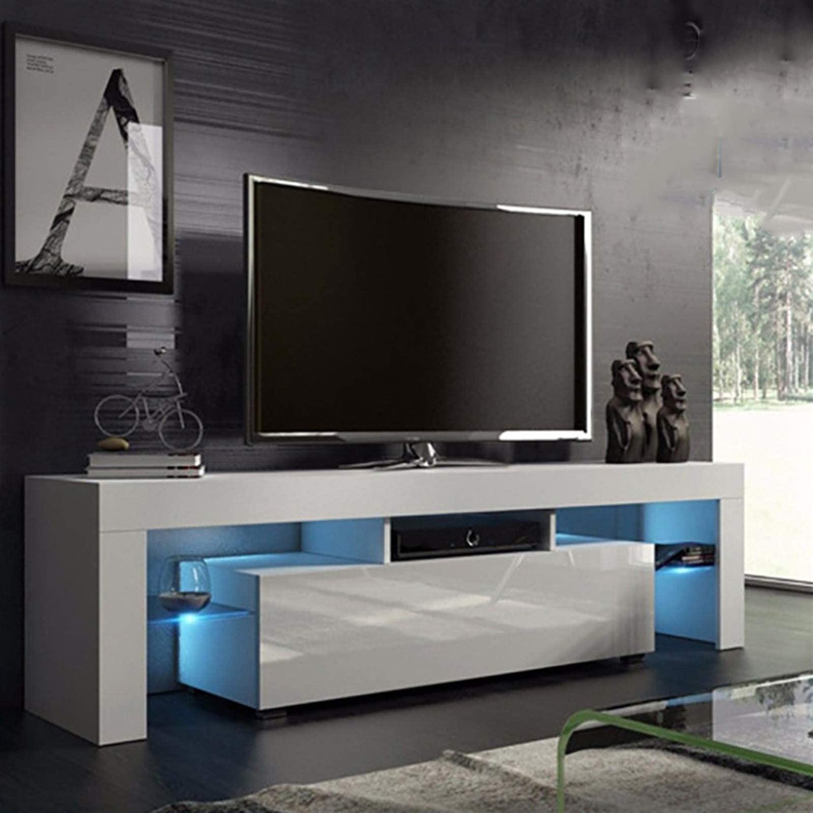 Modern Minimalist TV Stand with High-Gloss Finish & LED Lights - Living Room Entertainment Center for 55-75 Inch TVs - Perfect for Home Theater & Family Movie Nights
