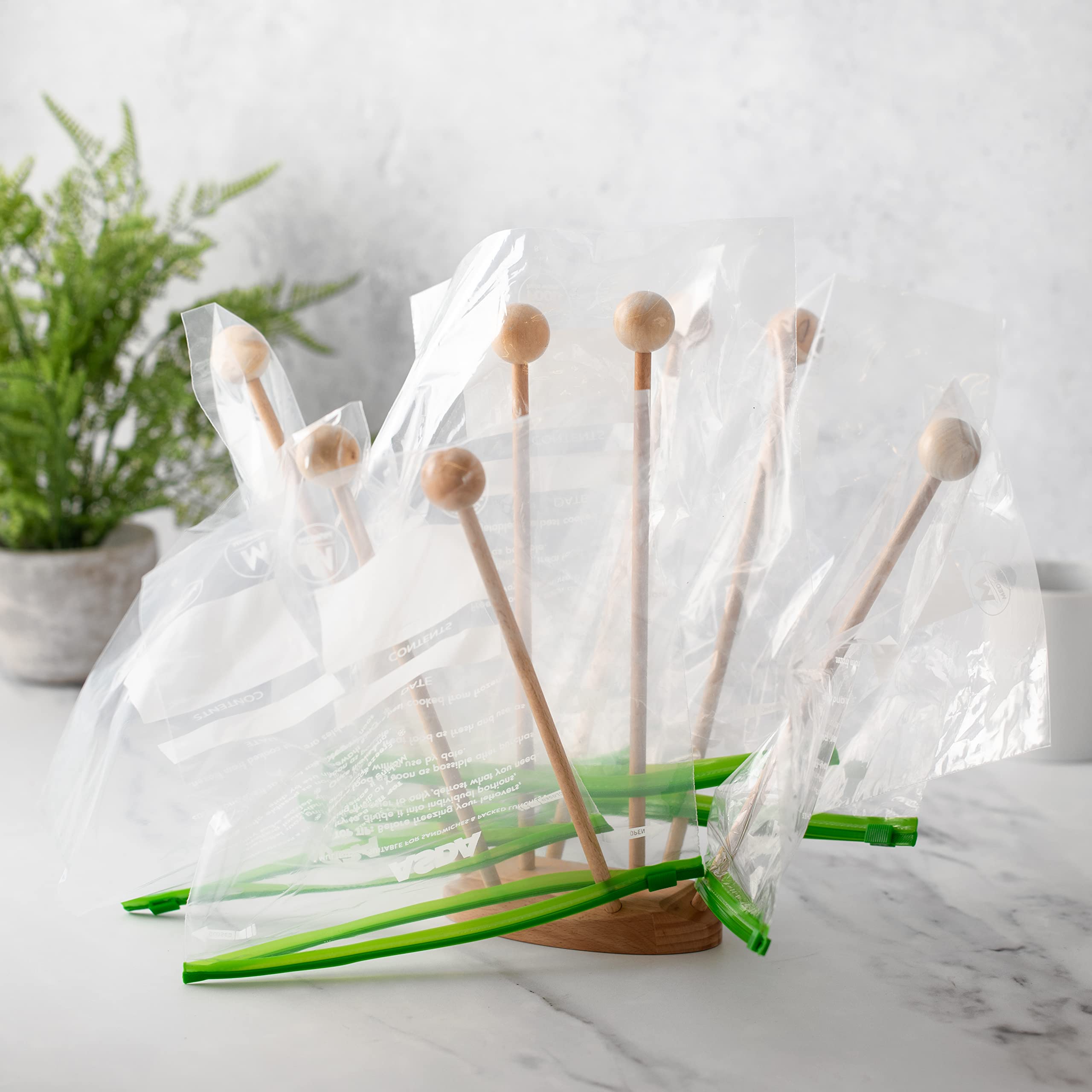 Plastic Bag Drying Rack for Zip Bags, Water Bottles, Baby Bottles, Dish Gloves & Tumblers - Space Saving Countertop Organizer with 8 Wooden Dowels & Weighted Base - Includes 4 Bag Sealer Clips - Perfect for Kitchen, Baby Care & Dishwashing Organization