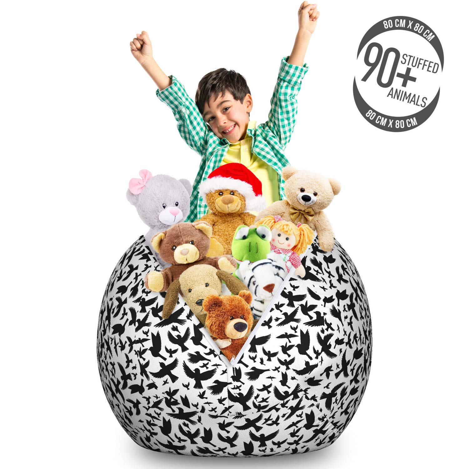 Ambesonne Large Washable Storage Toy Bag Chair - Monochrome Black Crow & Flying Birds Pattern, Stuffed Animal Organizer (Charcoal Grey/White) | Perfect for Kids' Room, Playroom & Nursery Organization