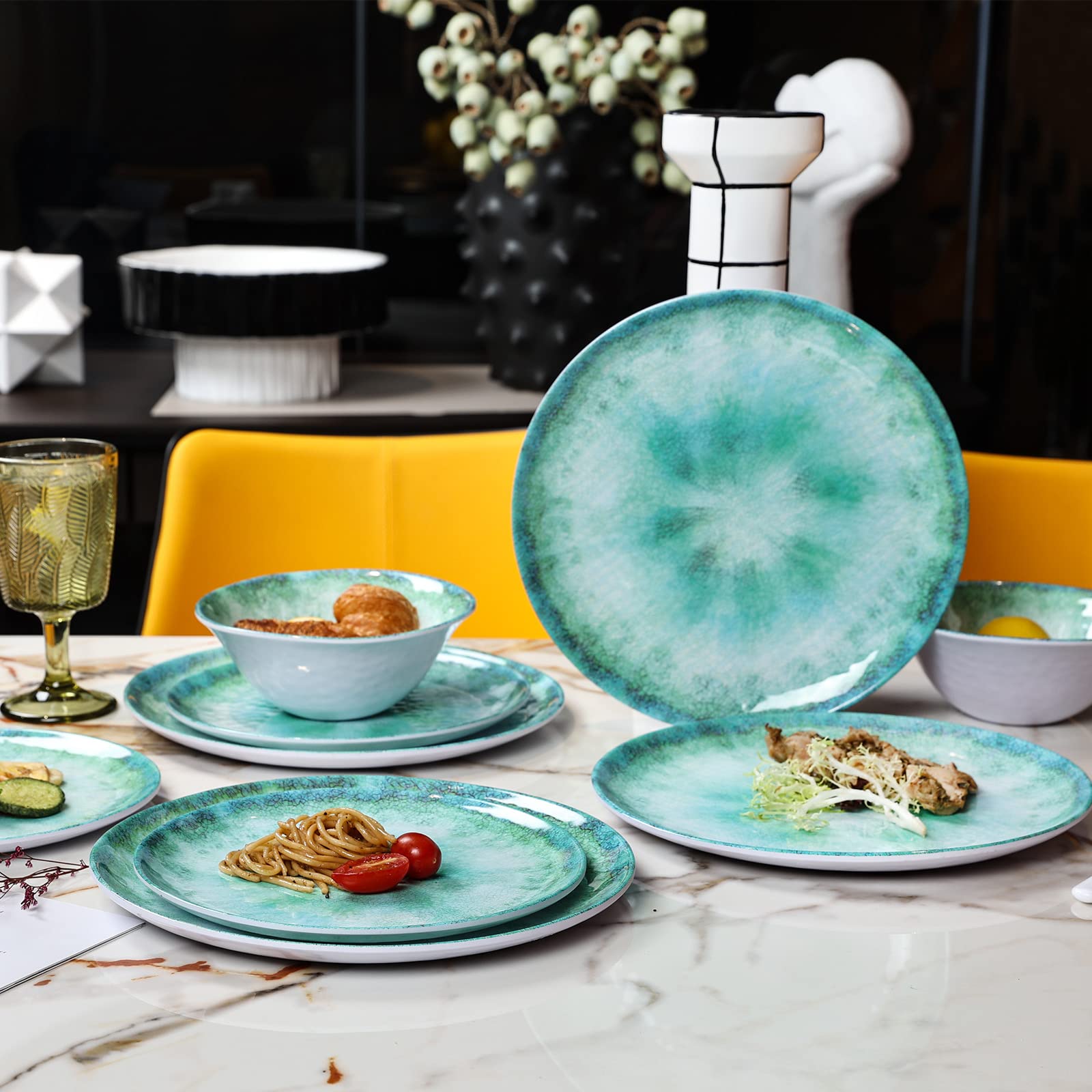 Melamine Dinnerware Set - 12-Piece Plates and Bowls Set for 4 People, Durable & Lightweight Dishwasher Safe Tableware, Turquoise - Perfect for Indoor Dining, Outdoor Picnics, Camping, and Parties