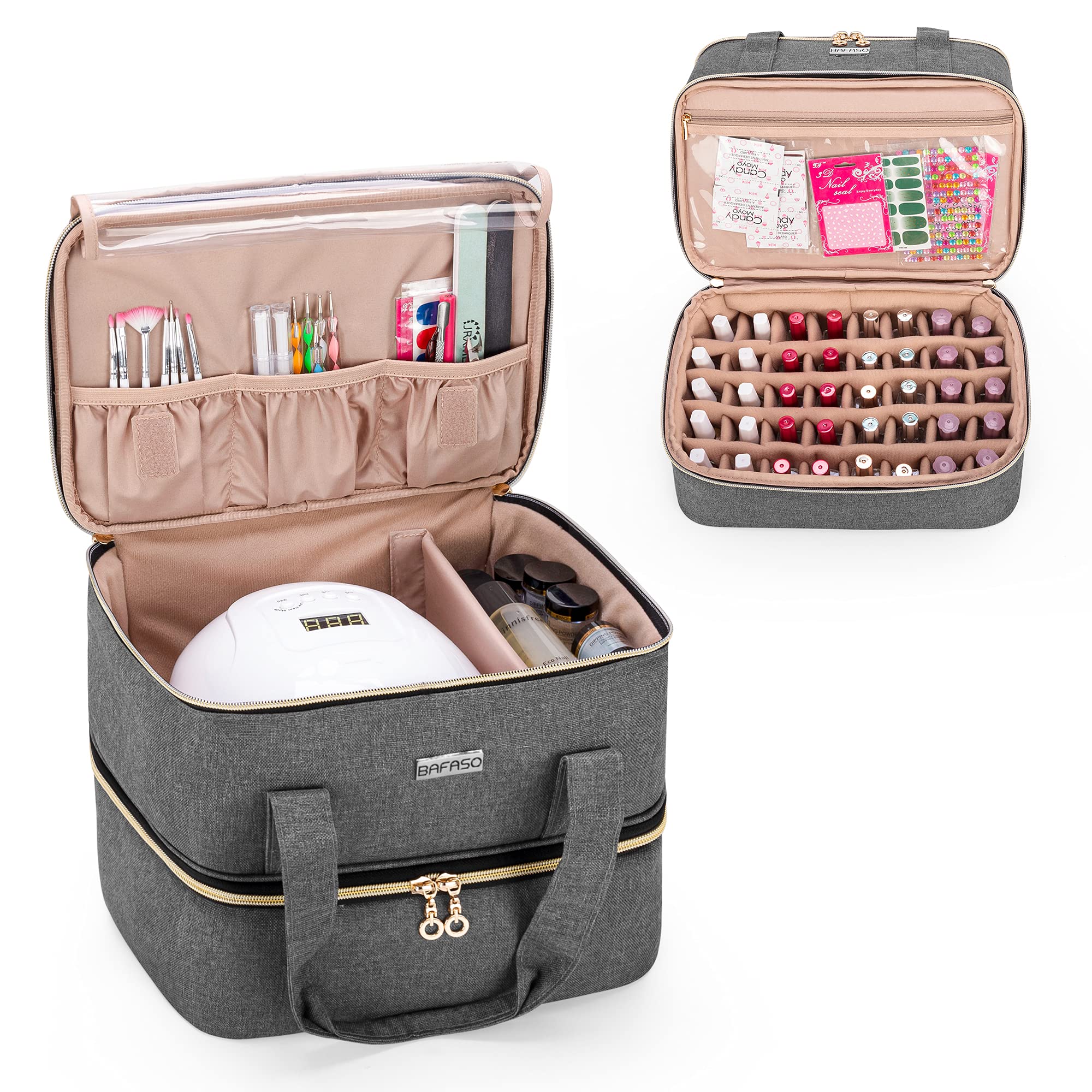 BAFASO 40 Bottle Nail Polish Organizer with Manicure Tools Storage - Portable Nail Polish Carrying Case for 15ml (0.5 fl.oz) Bottles & Nail Lamp - Perfect for Salon Professionals, Travel & Home Organization (Gray)