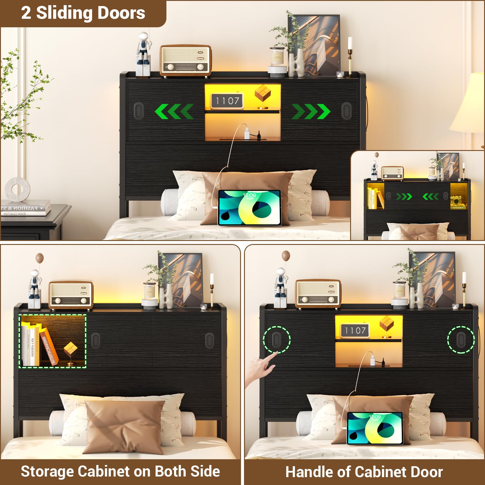 Homieasy Twin Size Headboard with Storage - USB Outlet, LED Light & Bookcase | Sturdy Sliding Door Design | Bed Frame Adapter Included | Perfect for Small Bedrooms, Dorms & Studio Apartments (Black)