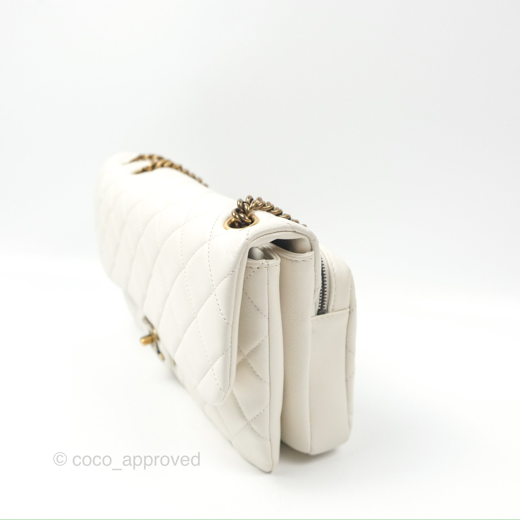 Chanel CC Crown Flap Bag in White Calfskin with Antique Gold Hardware - Luxury Crossbody Purse for Women, Perfect for Evening Events & Date Nights