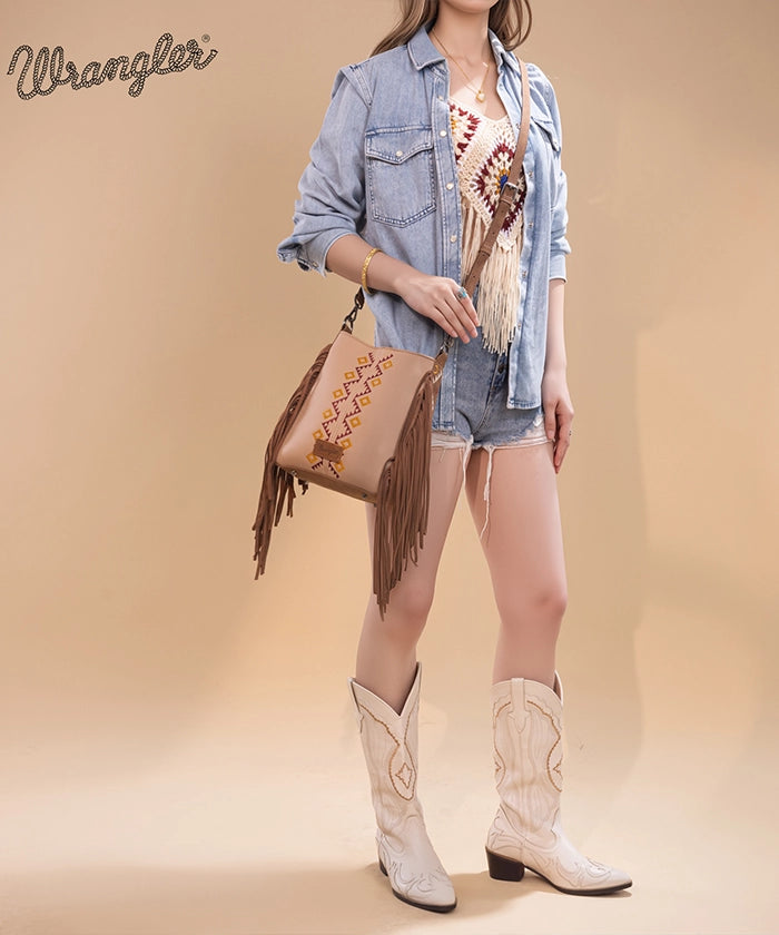 Wrangler Aztec Embroidered Fringe Crossbody Bag for Women - Boho Chic Handbag Perfect for Music Festivals & Everyday Use