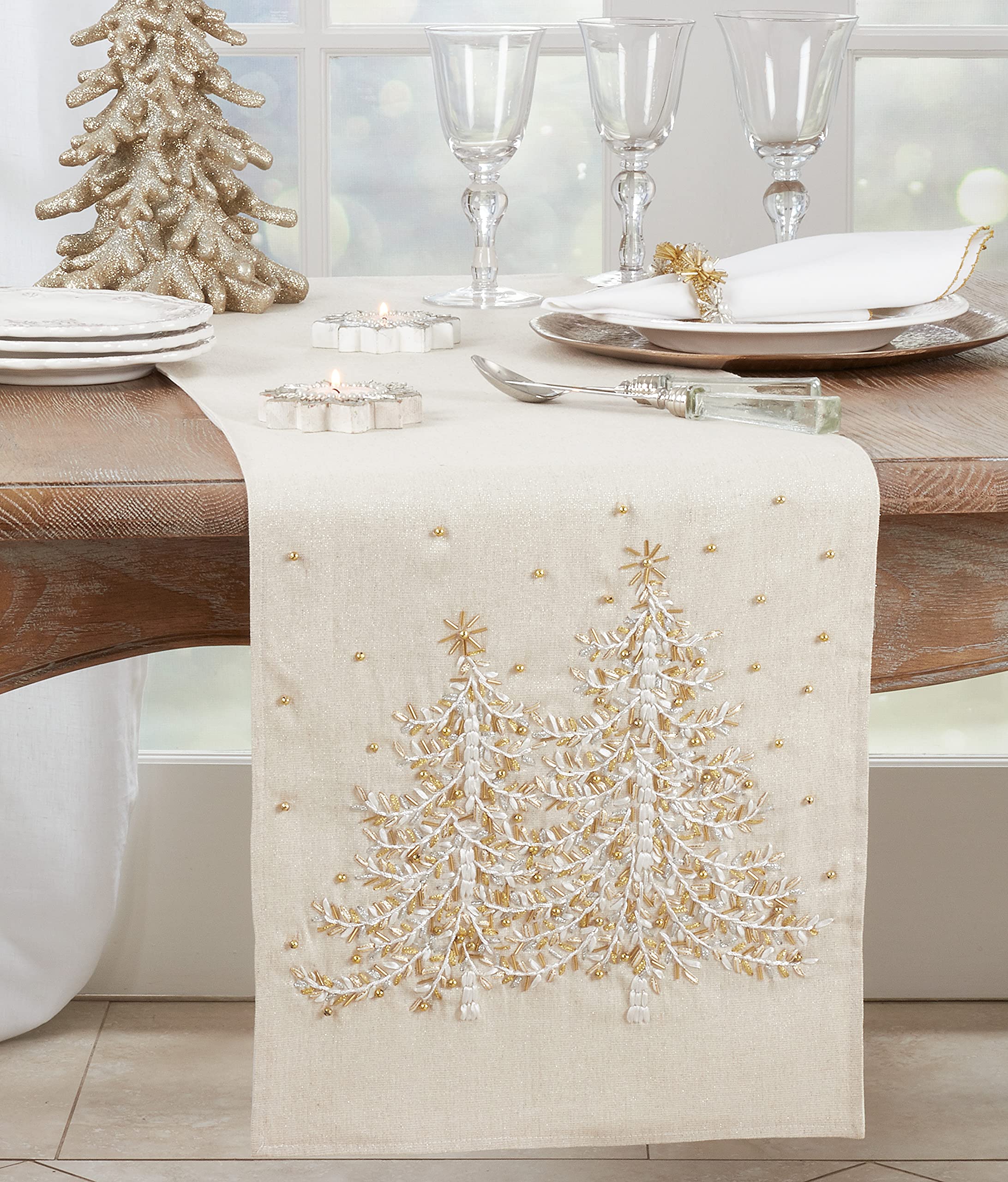 Handmade Embroidered Christmas Tree Table Runner - Festive Holiday Dining Decor for Christmas Dinner & Winter Table Setting