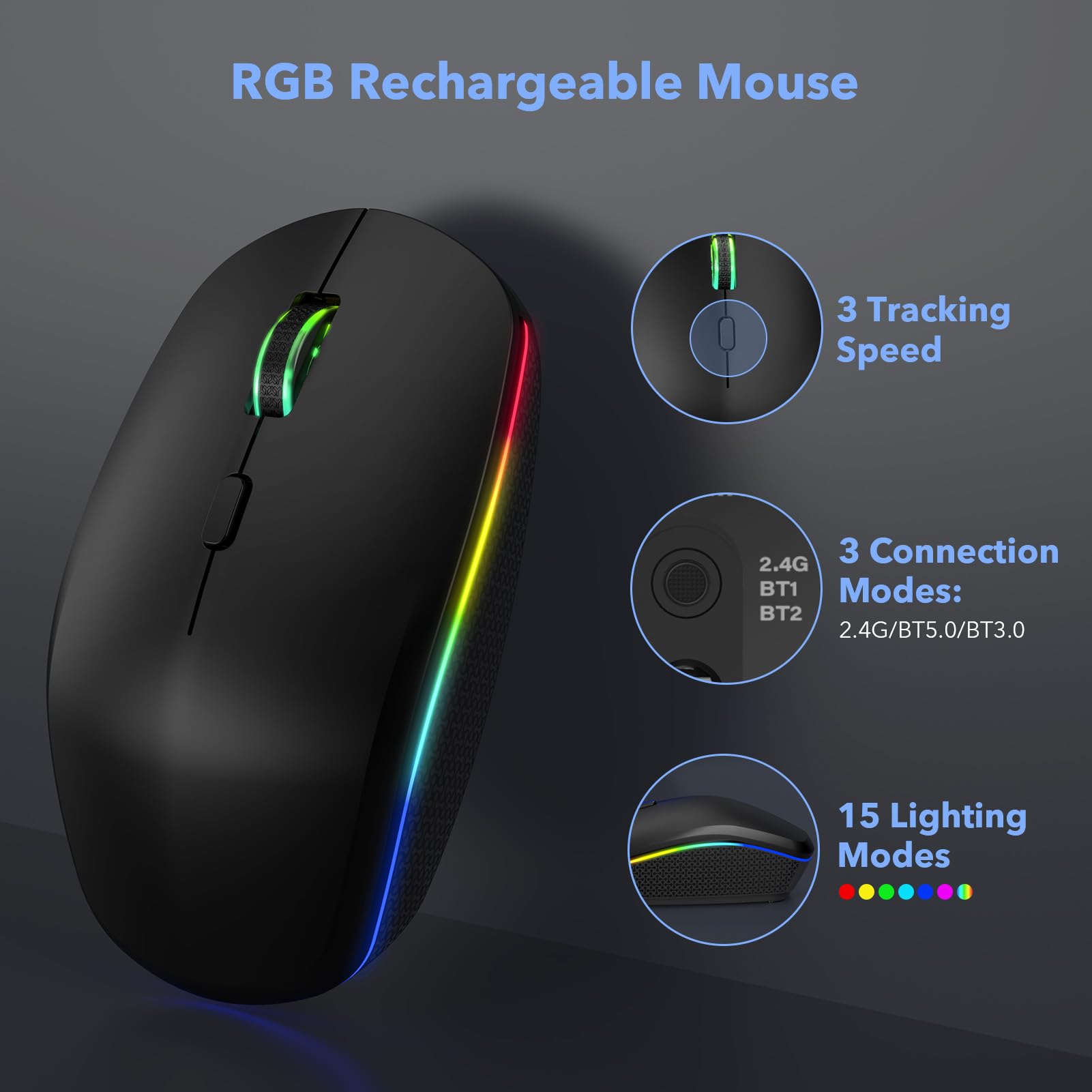 Bluetooth Wireless Keyboard and Mouse Combo - Slim Rechargeable Backlit Multi-Device Keyboard with Silent RGB Mouse for Mac, iPad, Windows PC | 3-Device Switching | Home Office & Gaming Setup (Classic Black)