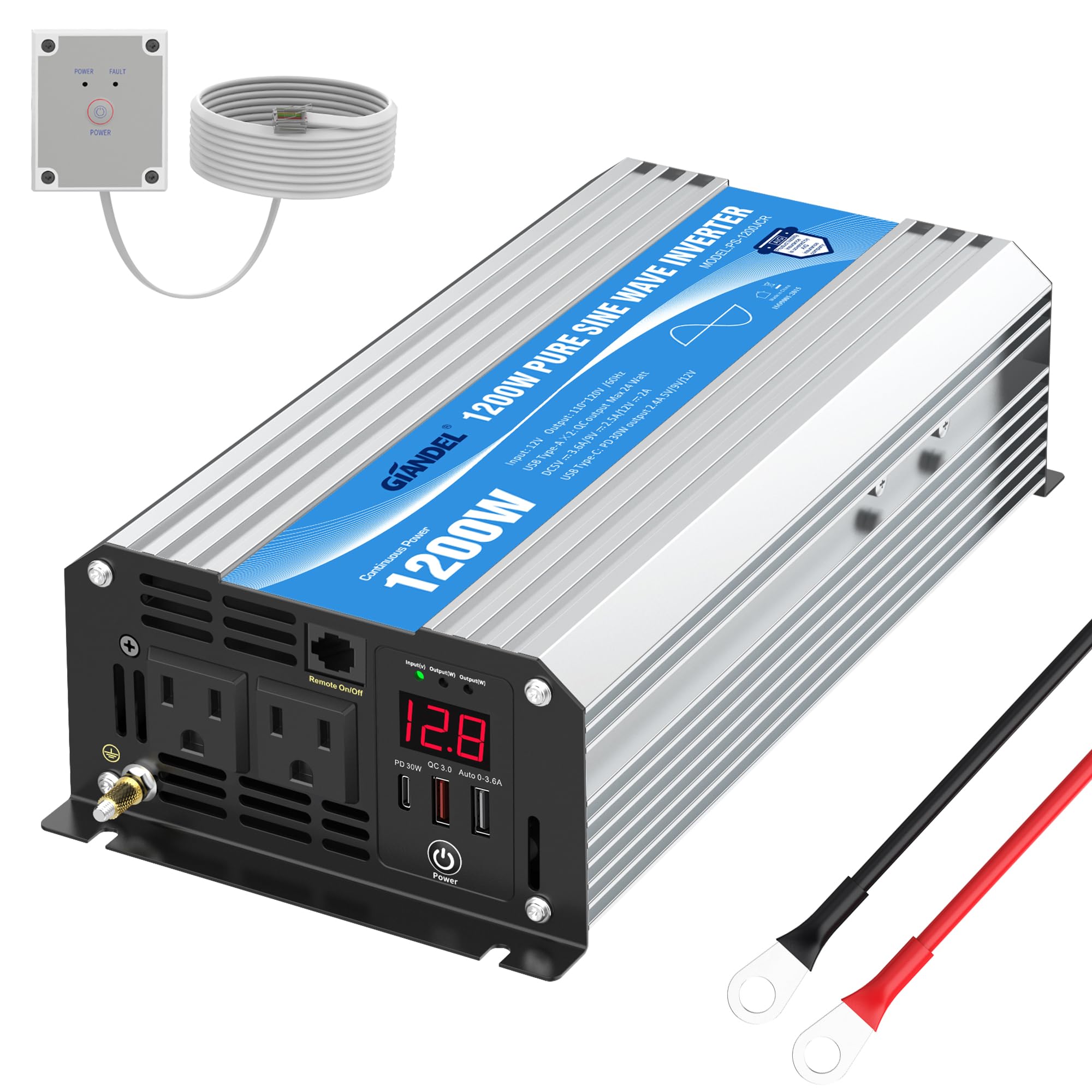 1200W Pure Sine Wave Power Inverter 12V DC to 120V AC with USB-C PD30W & QC3.0 Fast Charging - Compatible with Lithium Batteries, RVs, Solar Systems, Cars - UL Certified with Fuses & Wired Remote for Emergency Power & Outdoor Use