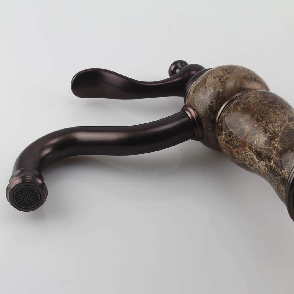 Luxury Stone Bathroom Faucet - European All Copper & Natural Marble Emperador Basin Mixer Tap - Hot & Cold Water Venetian Bronze (C12123PS-FW) - Perfect for Modern & Classic Bathroom Decor