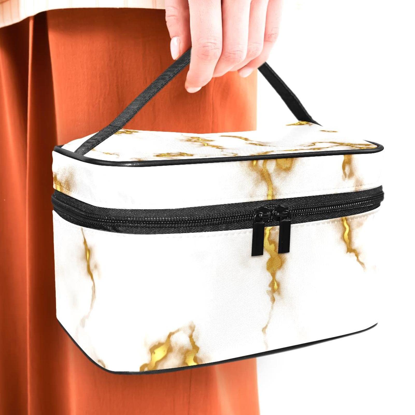 Portable Makeup Organizer Bag for Women & Girls - Travel Cosmetic Case with White Golden Marble Texture | Perfect for Toiletries, Home Storage & On-the-Go Beauty Essentials