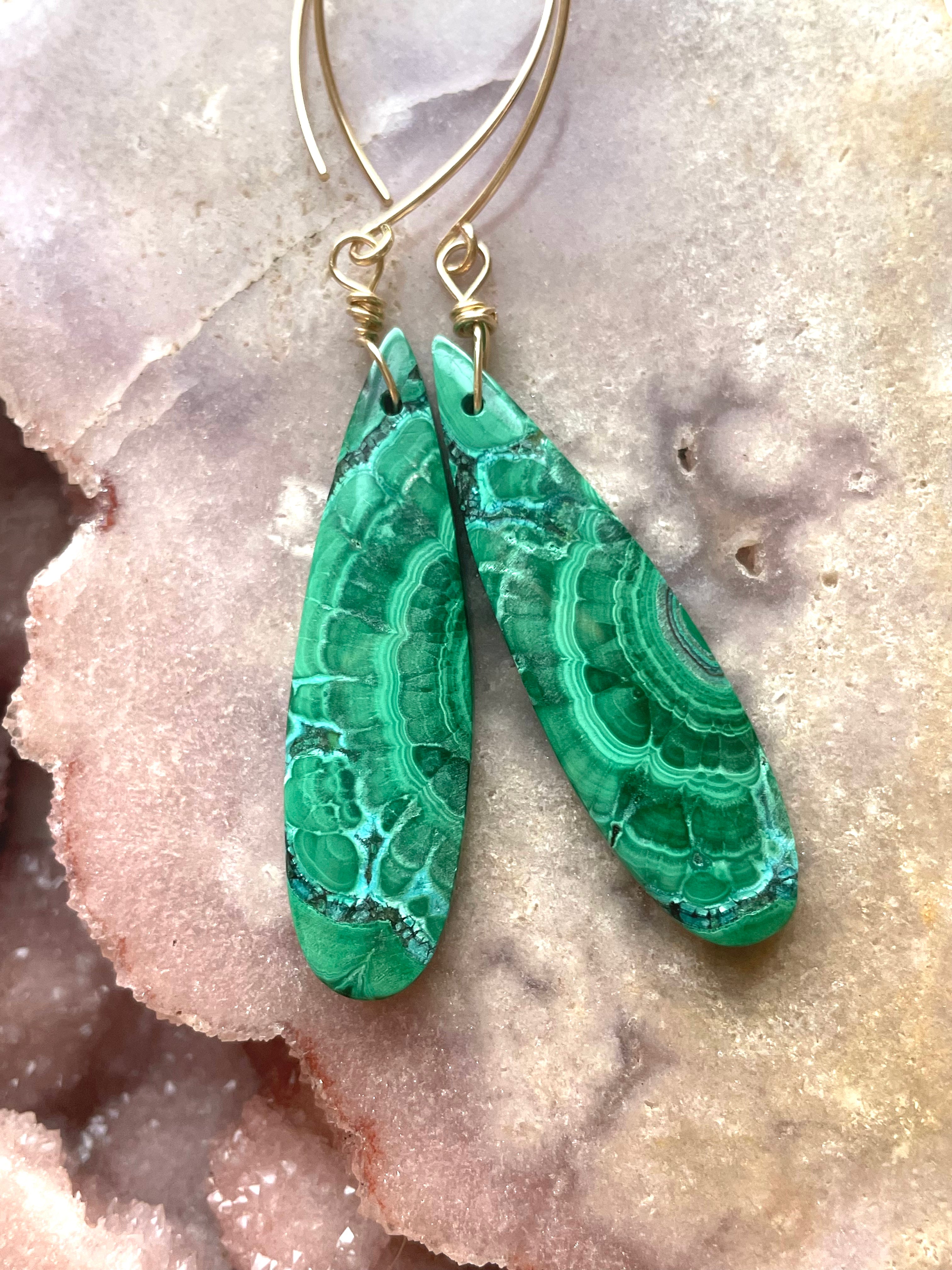 14K Gold Filled Malachite Crystal Dangle Earrings - Elegant Green Gemstone Jewelry for Women, Gift for Her, Perfect for Parties & Special Occasions