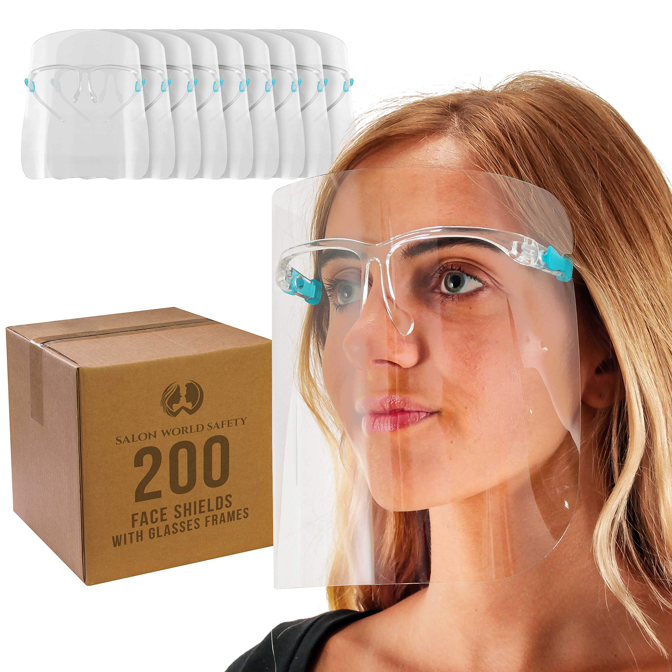 TCP Global Salon World Safety 200 Face Shields with Glasses Frames (20 Packs of 10) - Ultra Clear Protective Full Face Cover for Eyes, Nose & Mouth Protection - Anti-Fog PET Plastic Sanitary Droplet Guard - Ideal for Salon, Healthcare & Food Service Workers