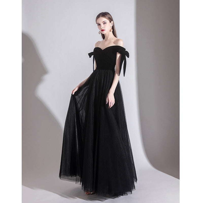 Elegant Off Shoulder Black Tulle Long Prom Dress for Formal Evening Gowns - Perfect for Homecoming, Prom Night, and Special Occasions