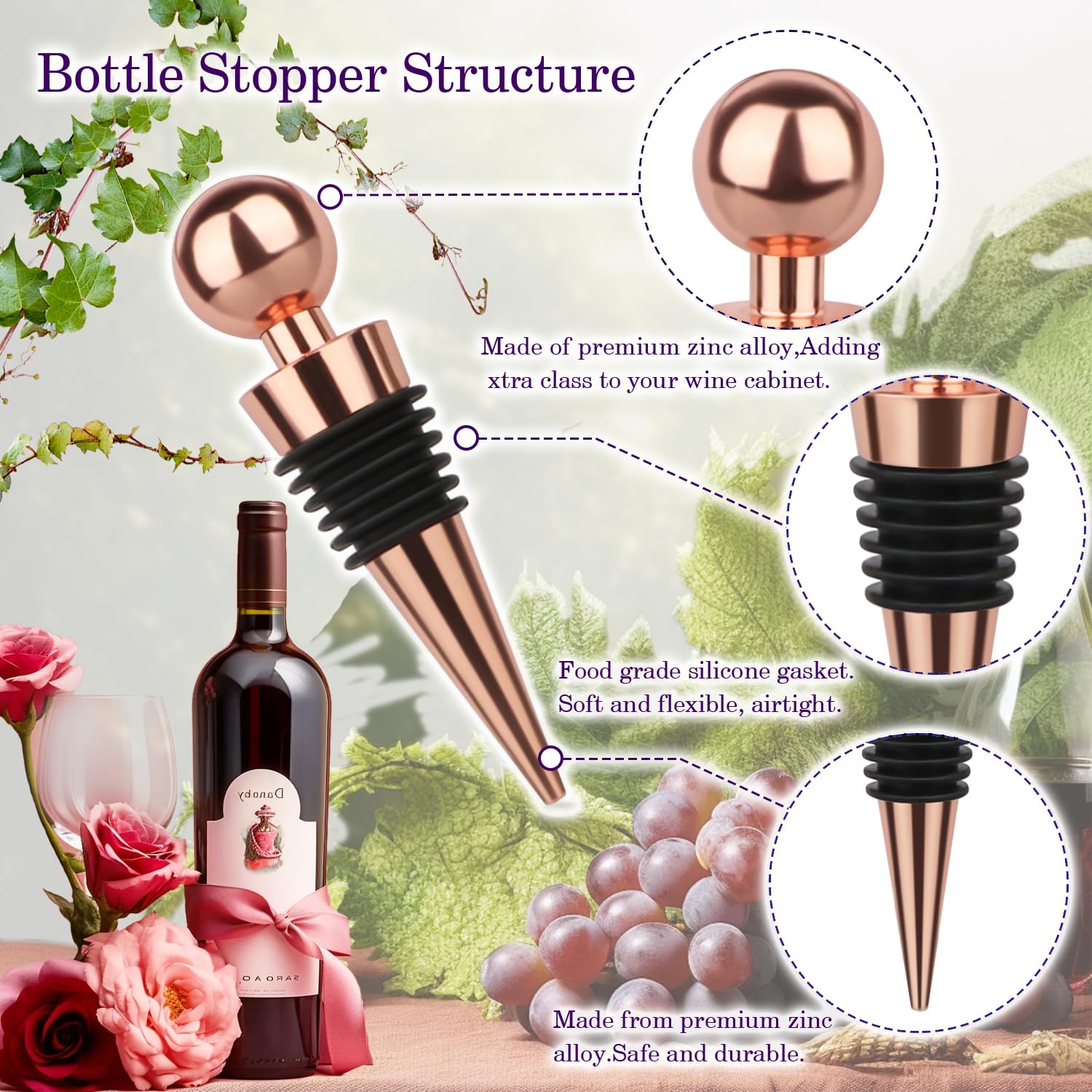 3-Pack Rose Gold Silicone Vacuum Wine Bottle Stoppers - Reusable Air-Tight Seal for Standard Wine Bottles, Perfect for Bars, Parties & Home Entertaining