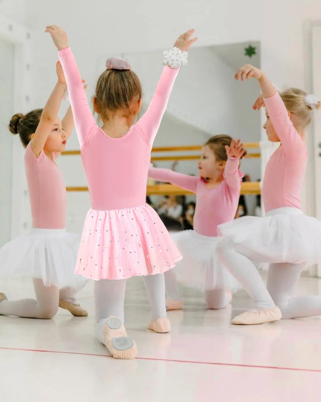 DANSHOW Girls Glitter Ballet Leotard with Tutu Skirt & Petal Sleeves - Sparkly Dance Costume for Recitals, Performances, and Ballet Practice