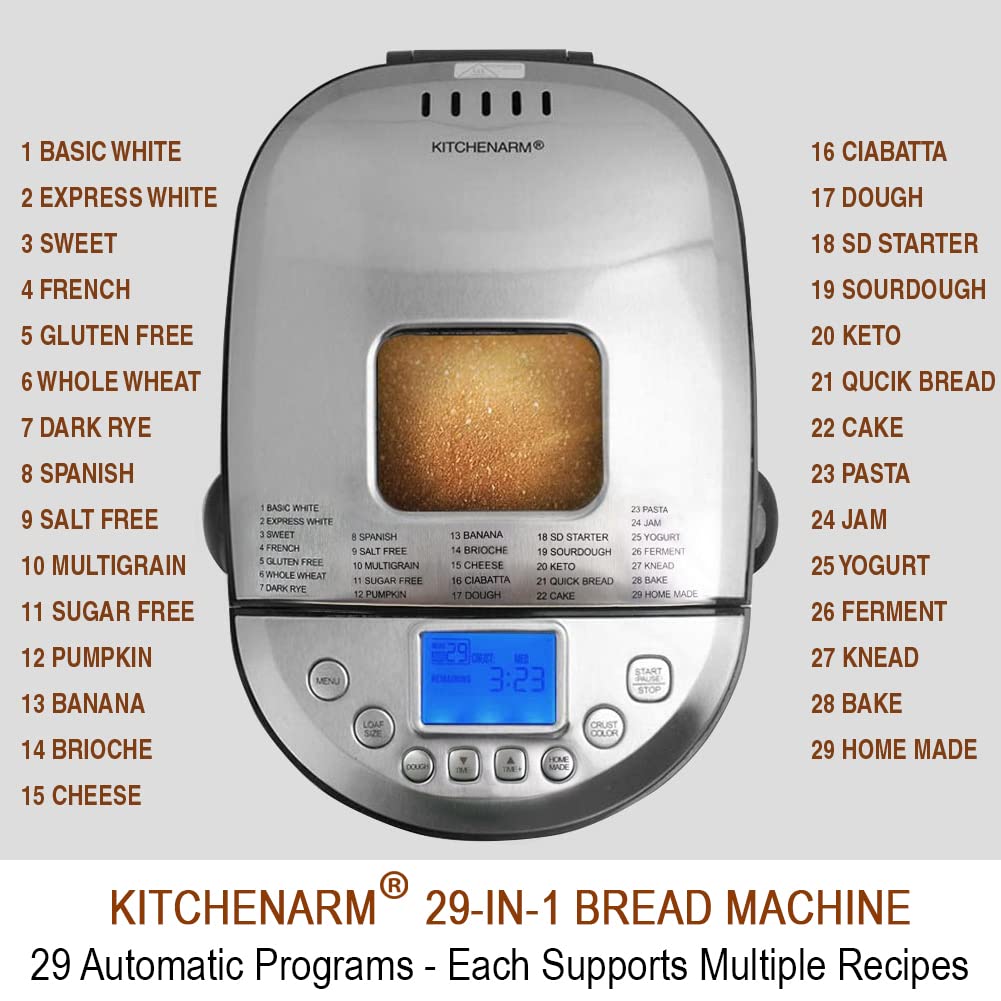 **KITCHENARM 29-in-1 Smart Bread Maker Machine with Gluten-Free Setting (2LB, 1.5LB, 1LB) - Stainless Steel Bread Maker with Homemade Cycle & Recipes - Perfect for Whole Wheat, White, and Artisan Bread Baking at Home**    *(Ideal for Home Bakers, Gluten-Free Diets, and Healthy Homemade Bread Lovers)*