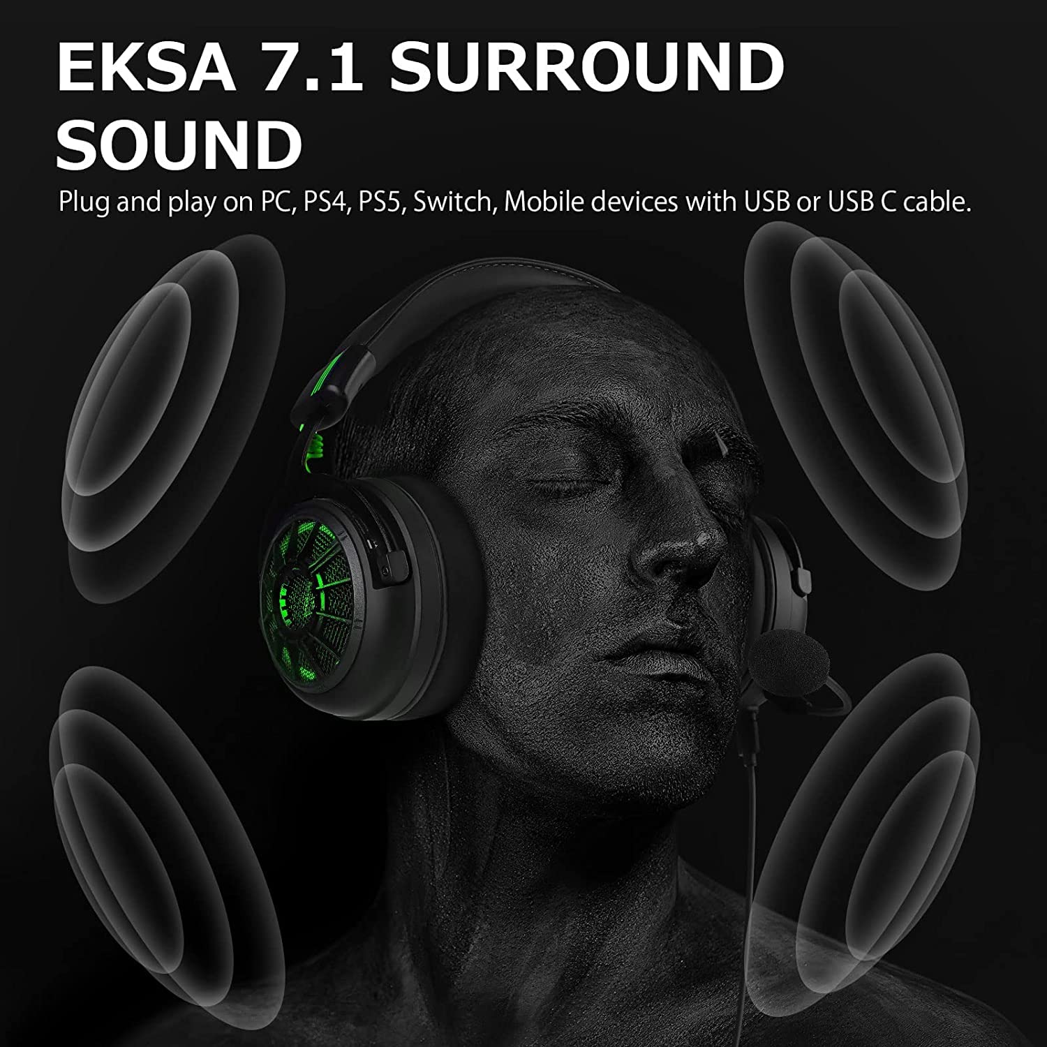 EKSA StarEngine Pro USB Gaming Headset - 7.1 Surround Sound Wired Headphones for PC, PS4, PS5, Xbox One | Over-Ear Noise Cancelling Mic with Dual Chamber Drivers | Game & Music Modes | LED Lights - Perfect for FPS Gaming, Streaming & Online Meetings