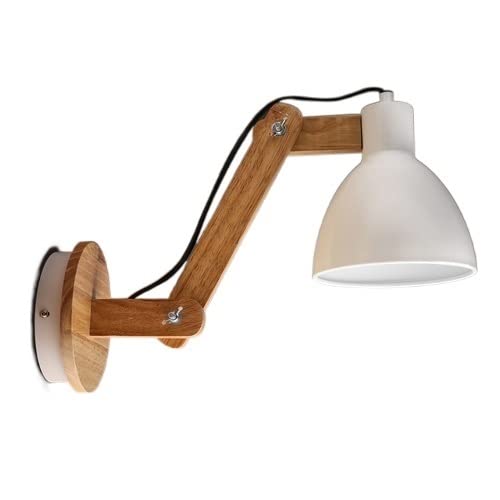 Modern Adjustable Wood Swing Arm Wall Light with White Metal Shade - Retro Wall Sconce for Cafe, Bar, Corridor & Reading - Wall Mounted Lighting Fixture for Home & Office Decor
