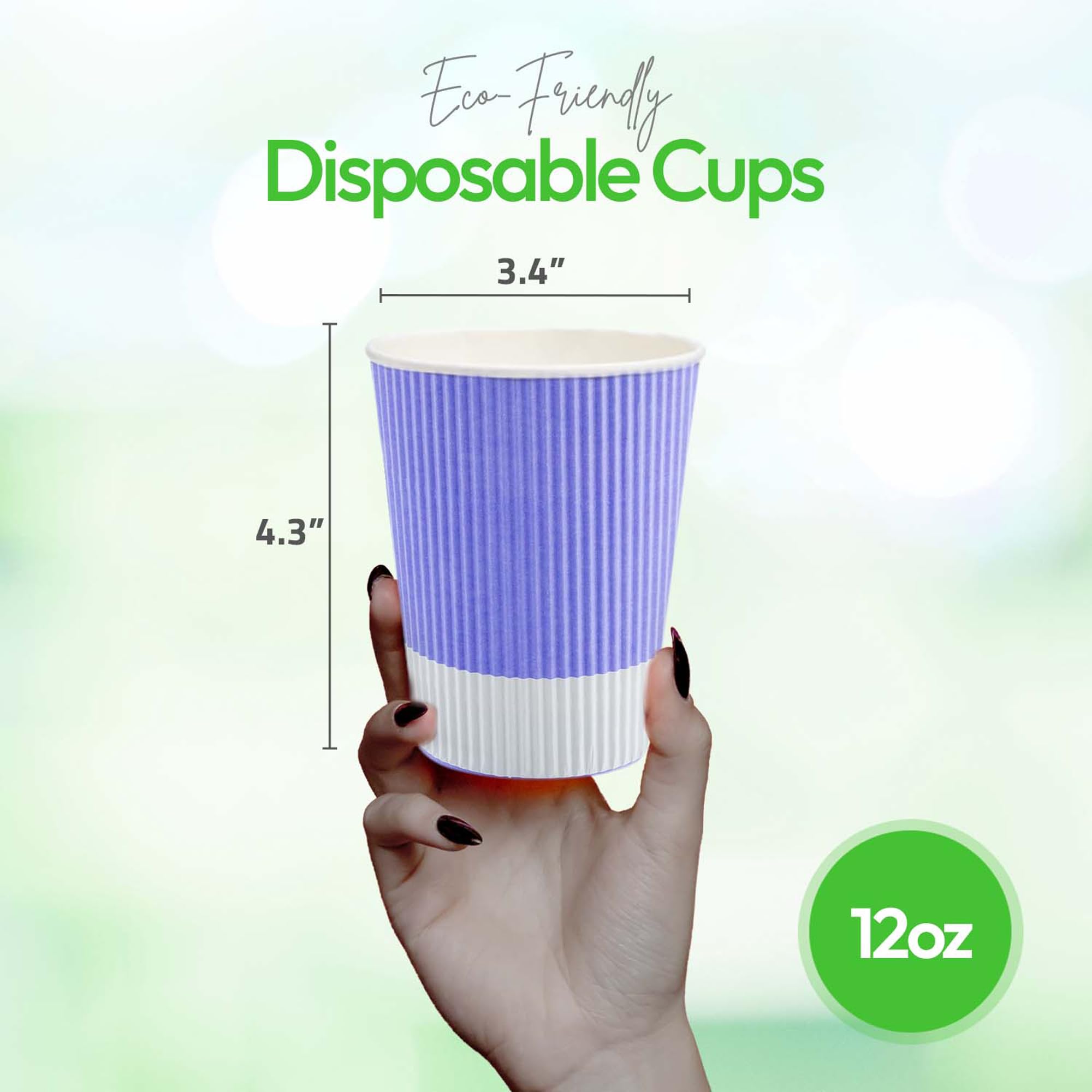 12oz Disposable Coffee Cups (500 Pack) - Insulated Ripple Wall Hot Cups for Coffee, Tea & More | Rolled Rim, Light Purple | Lids Sold Separately | Perfect for Cafes, Offices & Events
